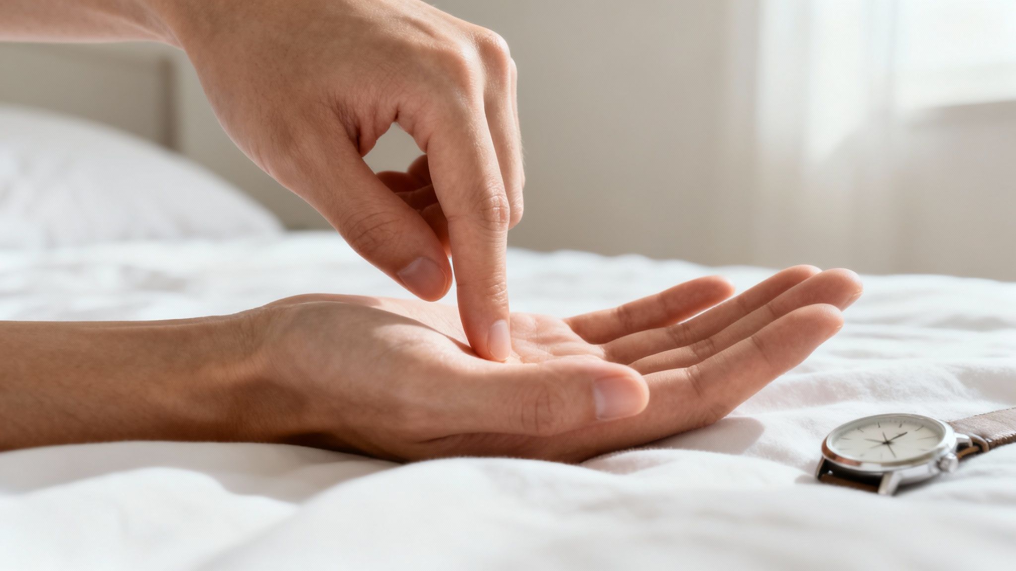 Close-up of a person's finger pressing into another's palm on a white bed, with a watch.