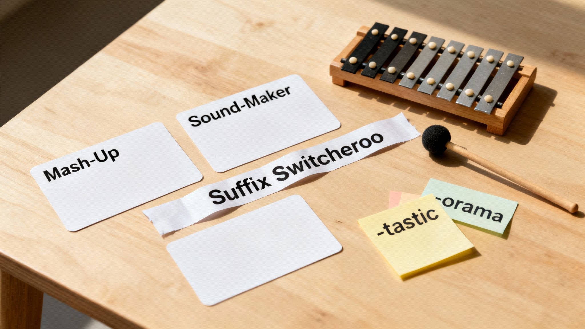 Word creation game with cards labeled Mash-Up, Sound-Maker, Suffix Switcheroo, and xylophone on wooden table