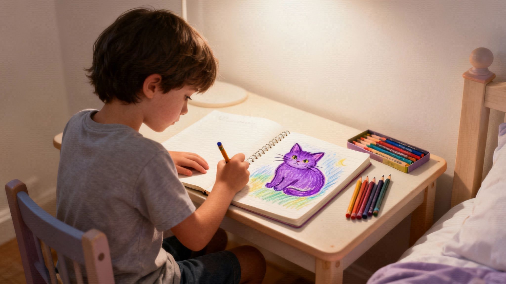 A young boy with dark hair focused on drawing a purple cat in a spiral notebook.