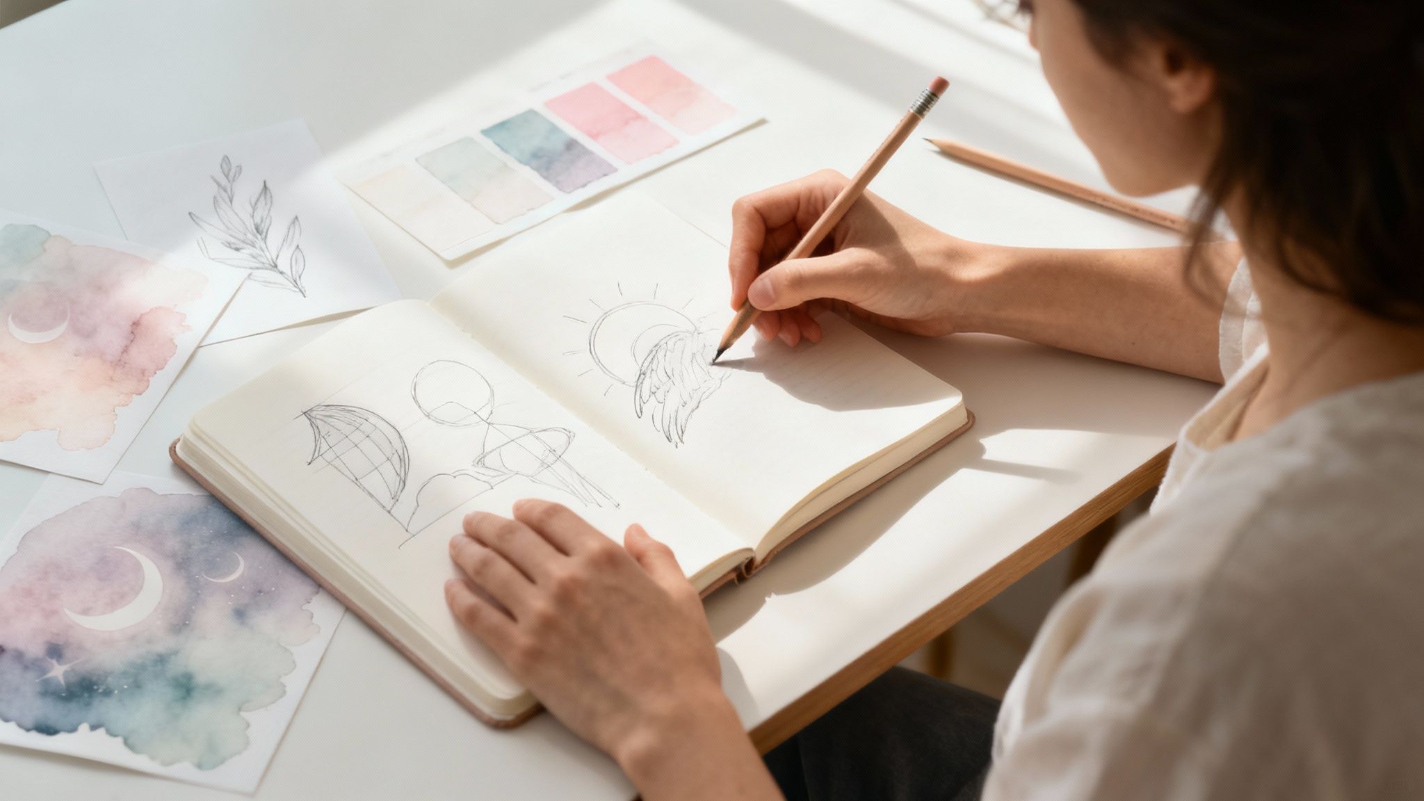 A person looking thoughtfully at a sky filled with constellations and dream-like clouds.