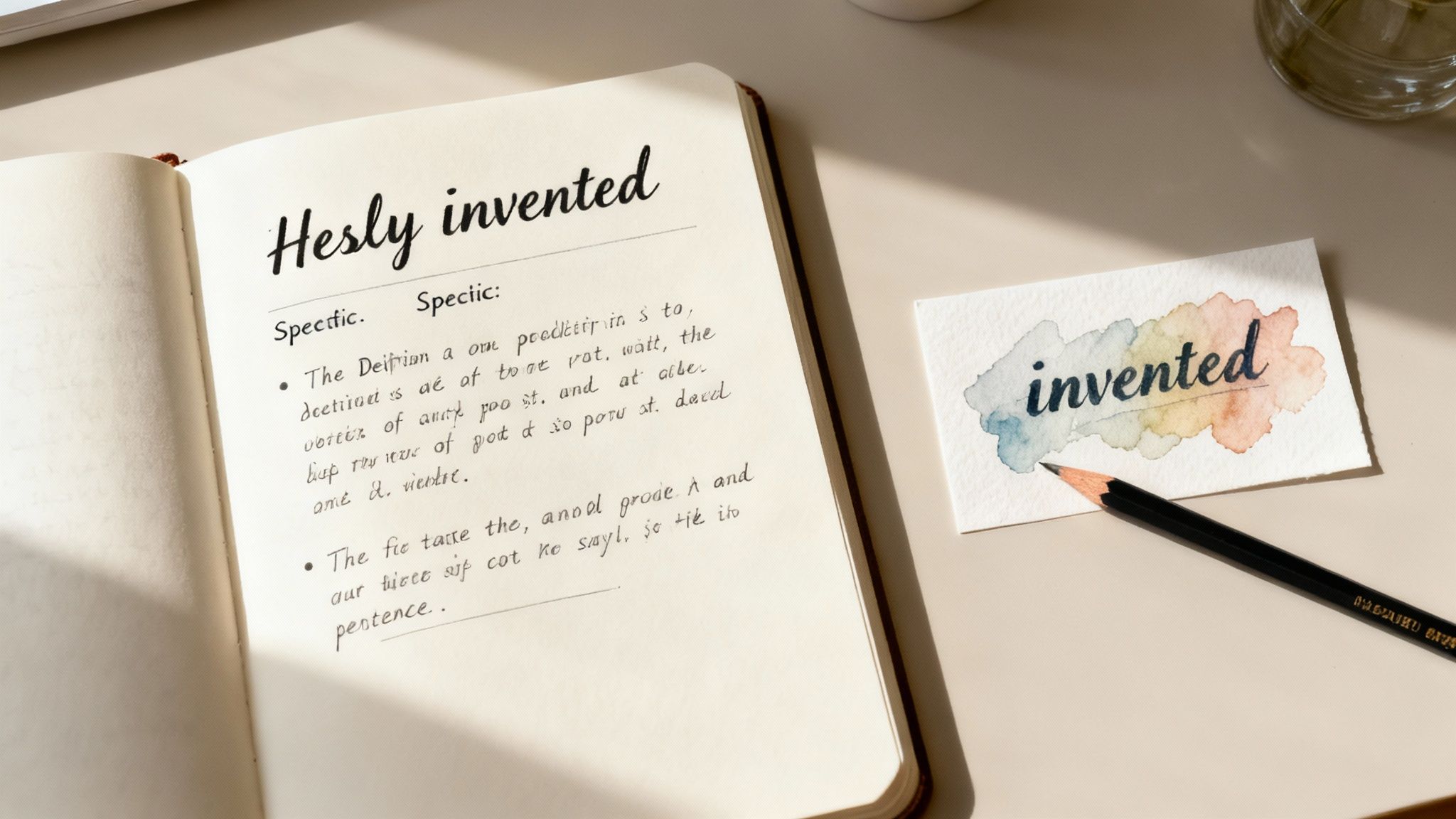 Open notebook with Hesly invented word definition beside watercolor card and pen on desk
