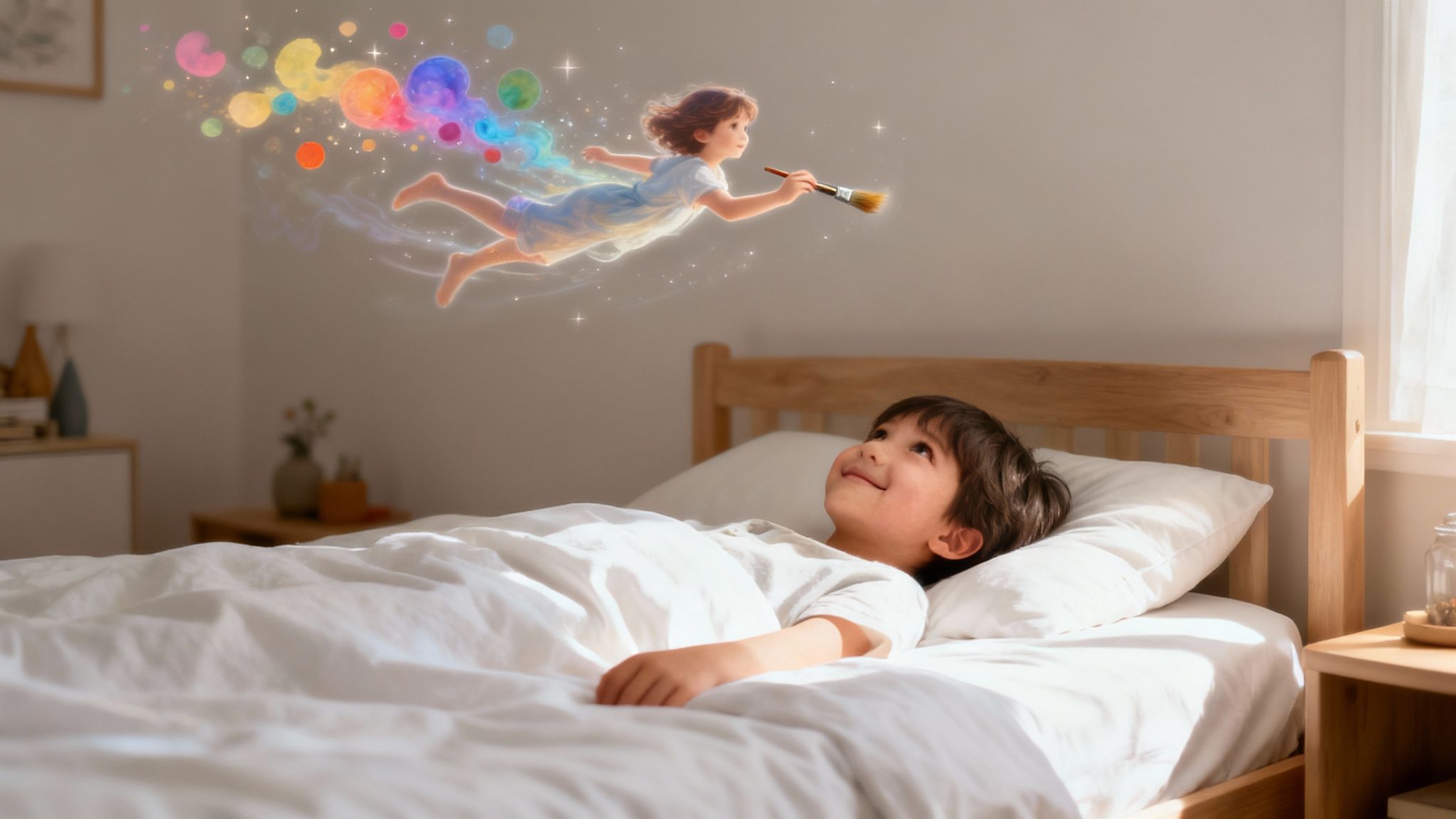 A child's silhouette standing on a crescent moon, looking out at a vibrant dreamscape.