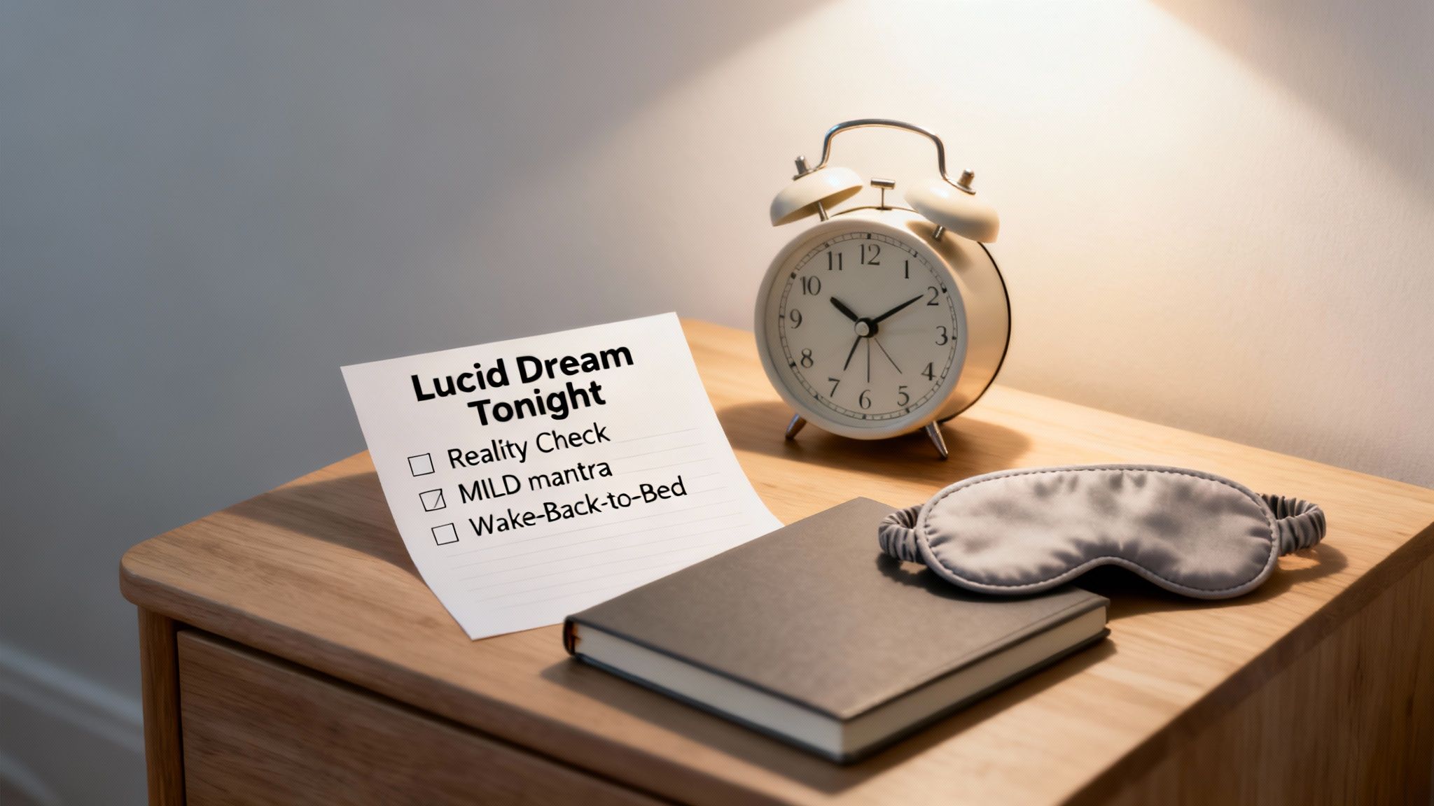 A nightstand with a 'Lucid Dream Tonight' checklist, an alarm clock, a book, and a sleep mask.