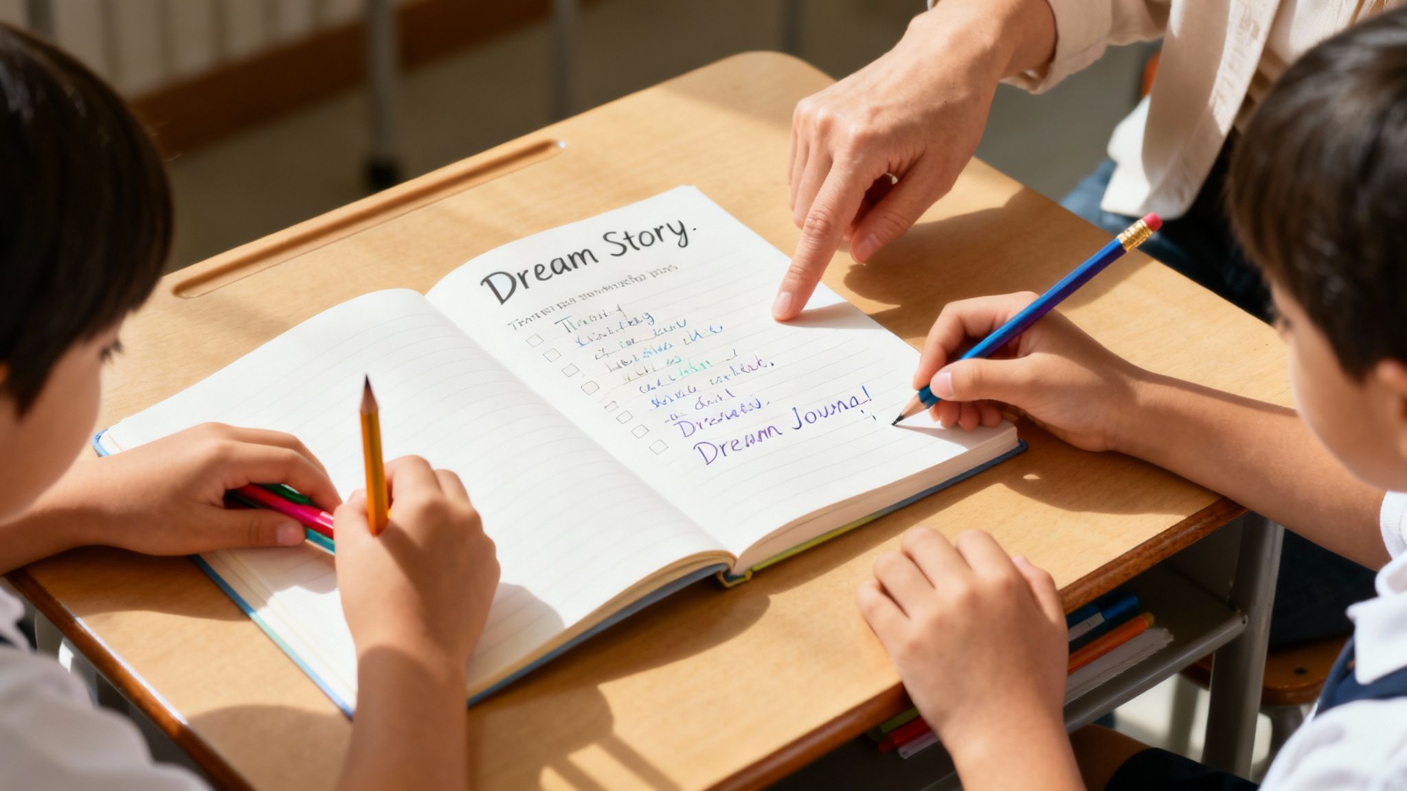 A young person sitting at a desk, enthusiastically writing in a colorful journal, surrounded by books and imaginative doodles.