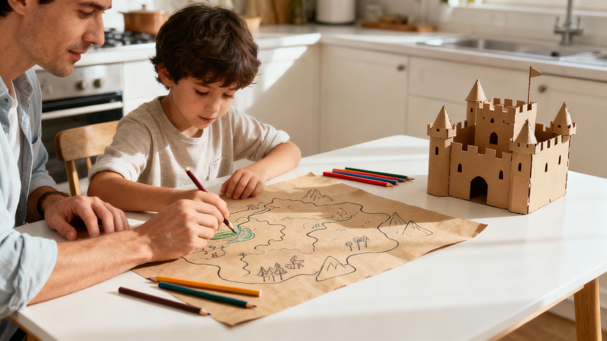 A family sitting on the floor, surrounded by books and craft supplies, happily creating things together.