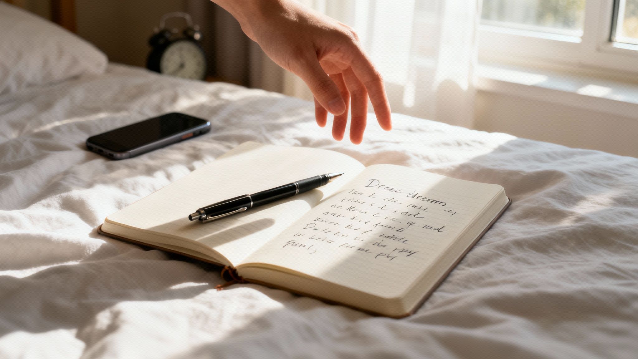 A hand reaching towards an open journal and pen on a sunlit bed with a phone.