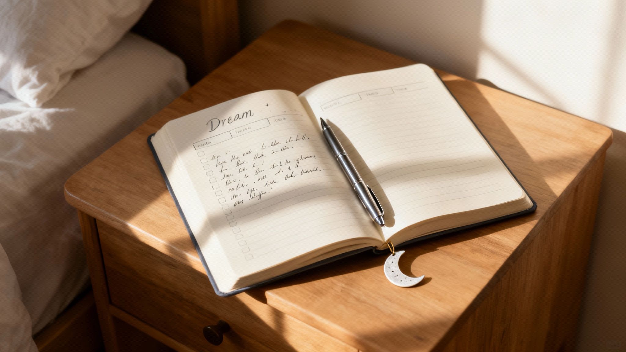 A person writing in a journal with a pen, with a soft, dreamy background.