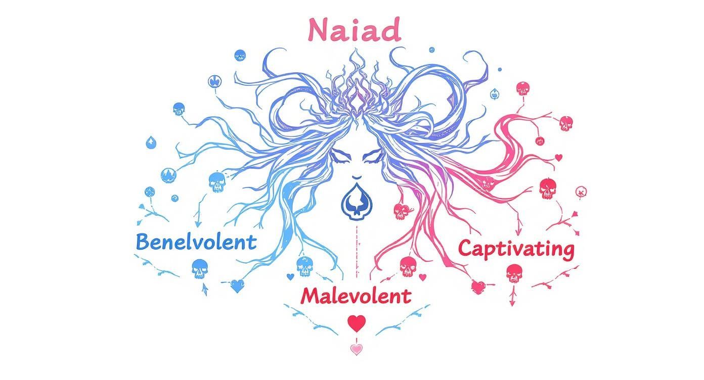 Naiad mythological water spirit illustration showing benevolent, malevolent, and captivating personality traits with flowing hair