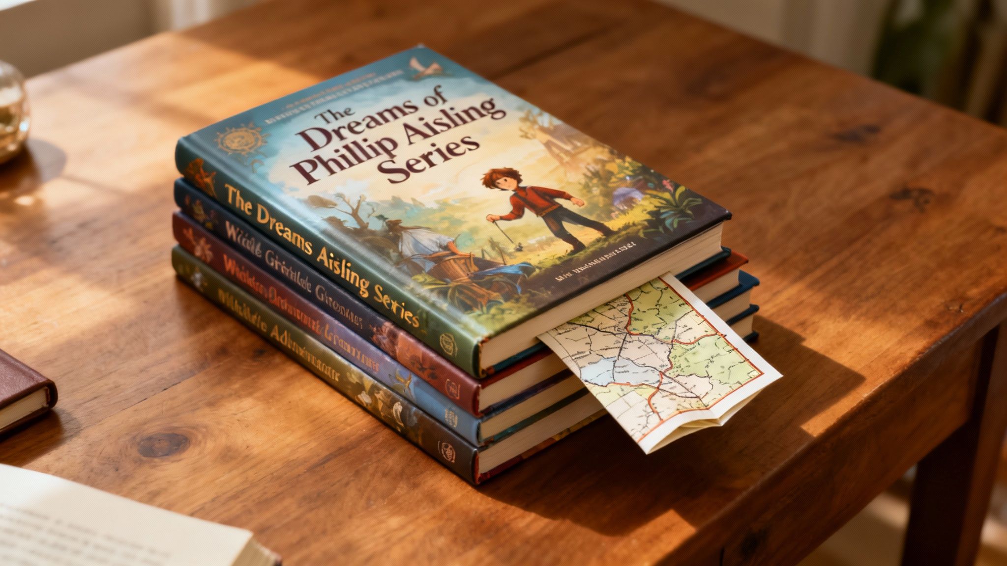 A stack of “The Dreams of Phillip Aisling Series” books with a map bookmark on a wooden table.