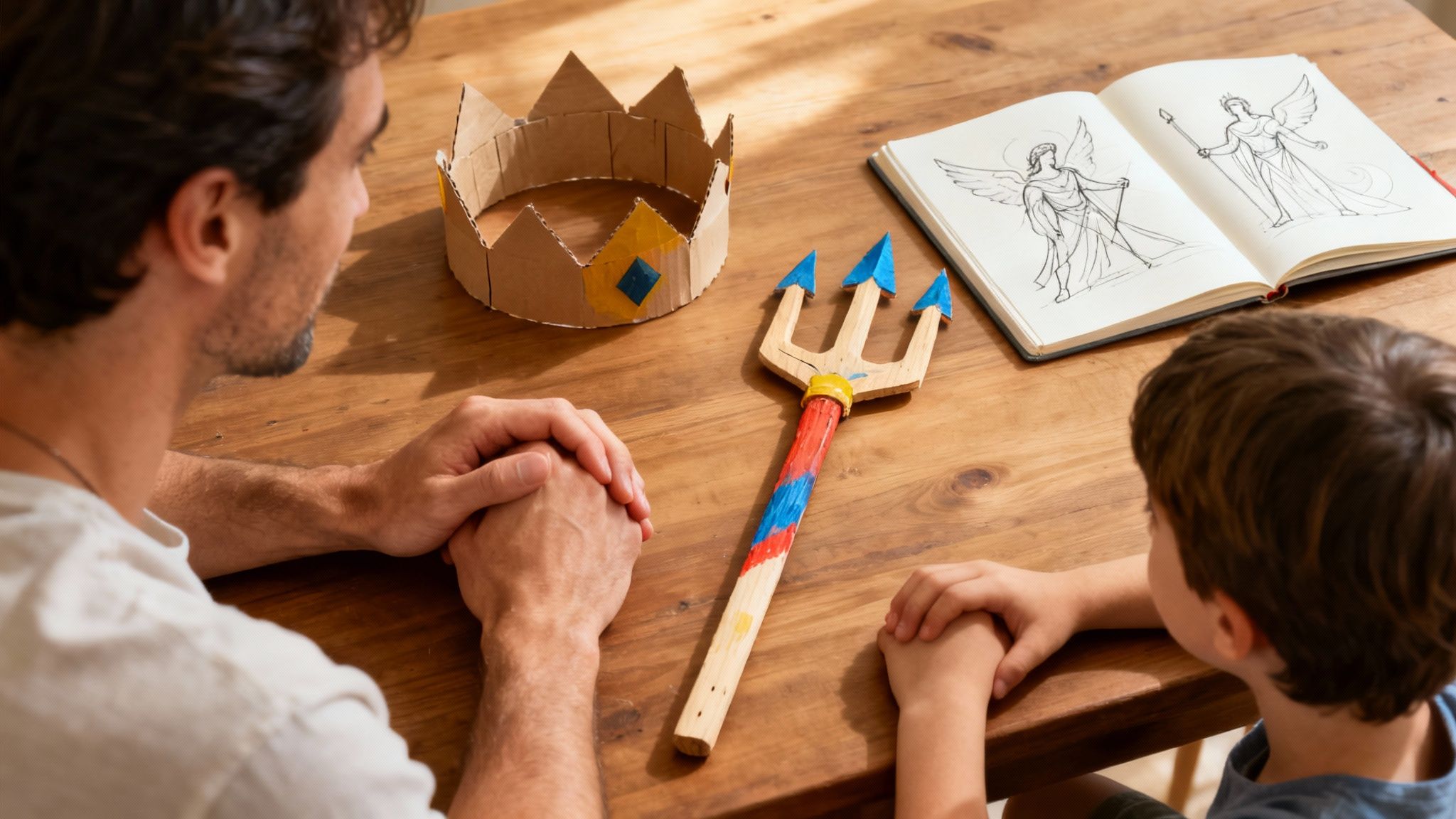A man and child at a wooden table with handmade crown, trident, and open book with angel drawings.