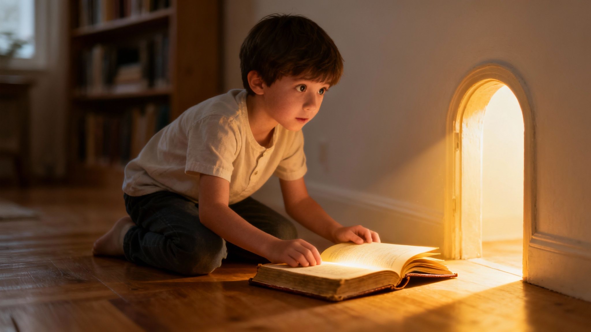A child reading a fantasy book that glows with magical light, surrounded by enchanted forest elements.