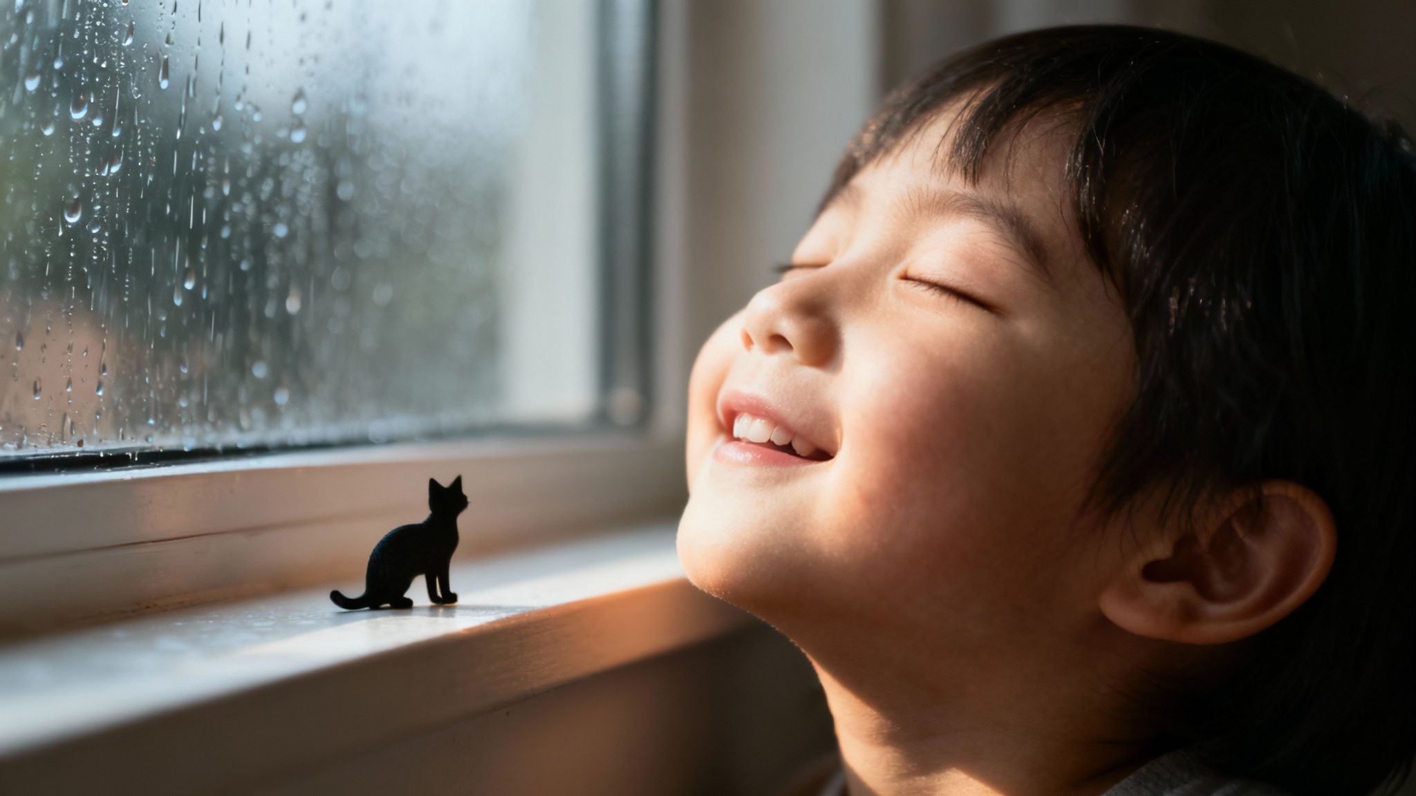 Happy child smiling by rainy window with small black cat figurine on windowsill