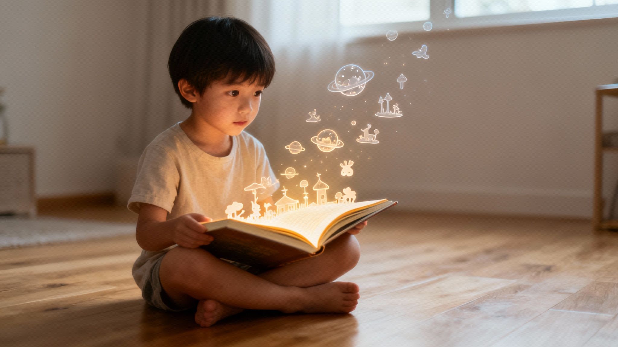 A child reading an imaginative book that glows with magical light, representing the power of stories.