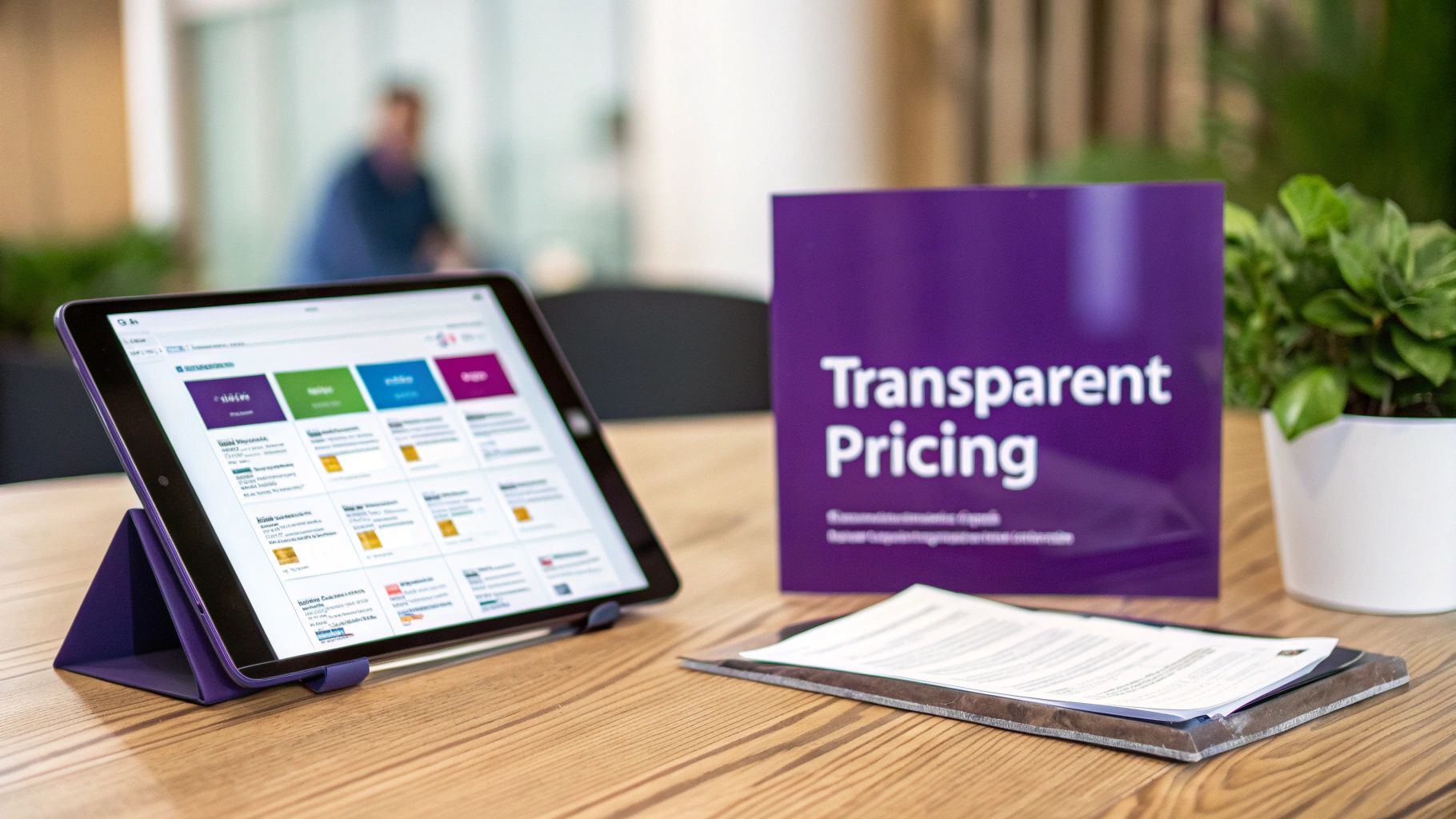 A tablet on a purple stand displaying a website, a 'Transparent Pricing' sign, and documents on a desk.