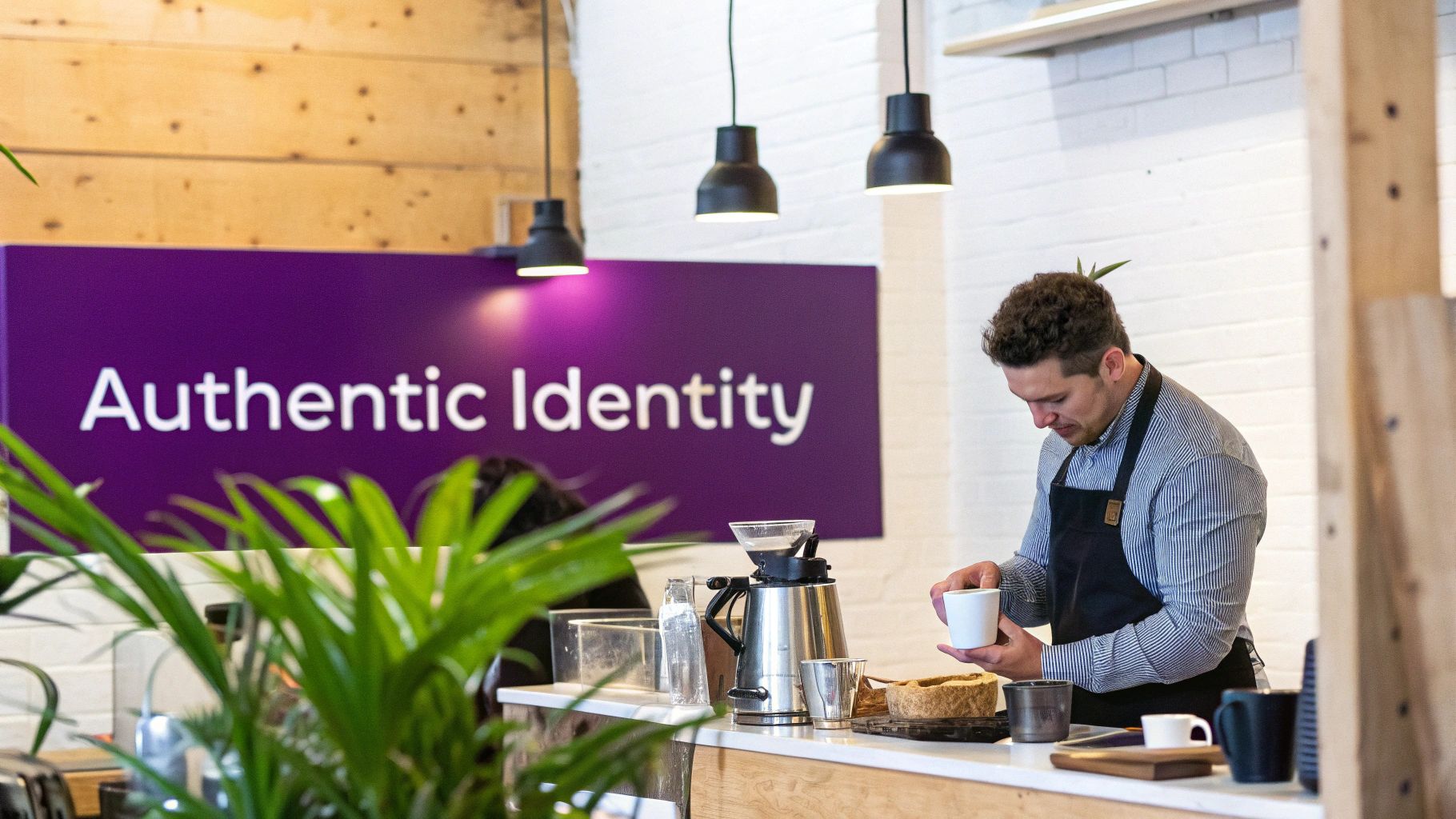 A barista wearing an apron pours coffee in a modern cafe with an 'Authentic Identity' sign.