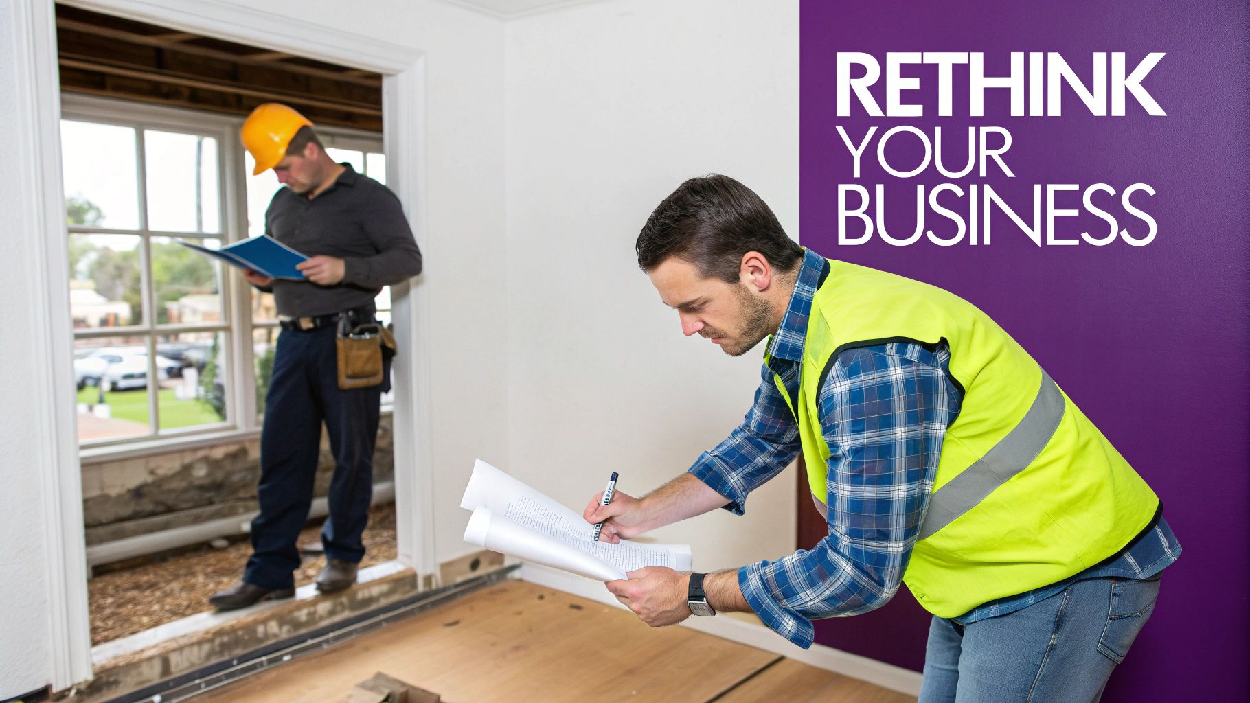Two focused construction workers reviewing renovation plans at a building site.