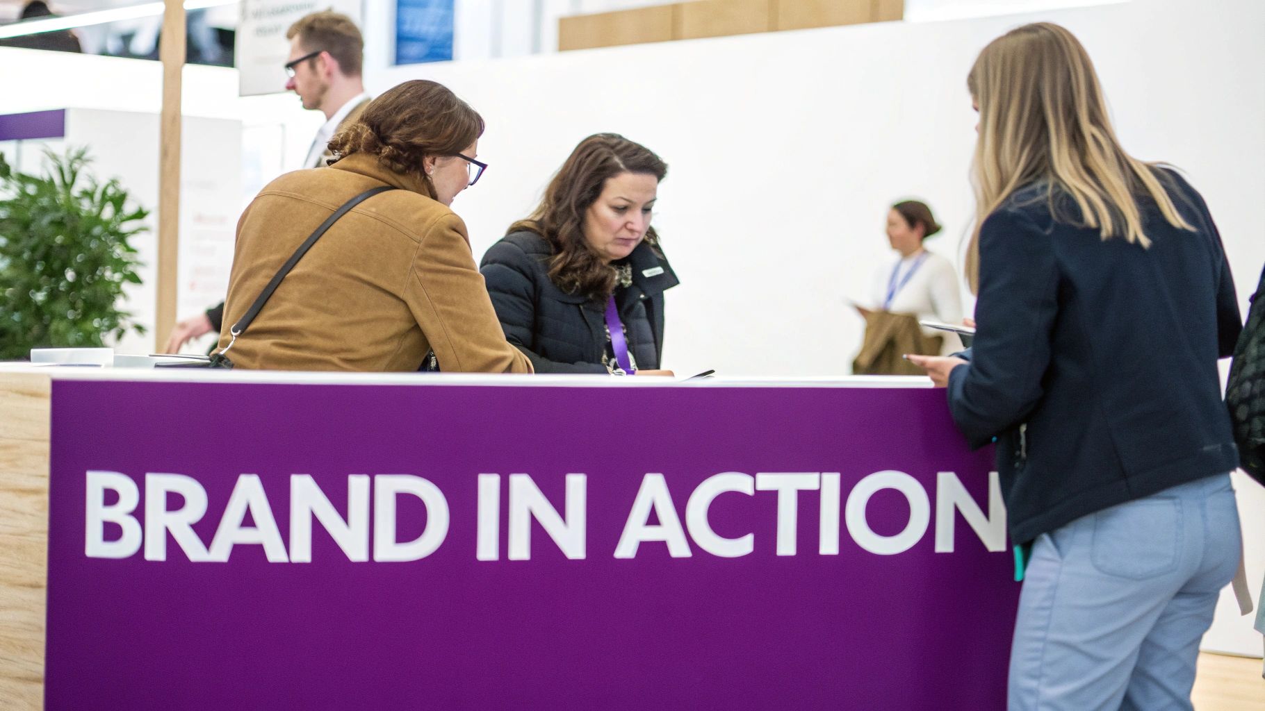Attendees engage at a vibrant purple 'BRAND IN ACTION' booth at an exhibition or event.