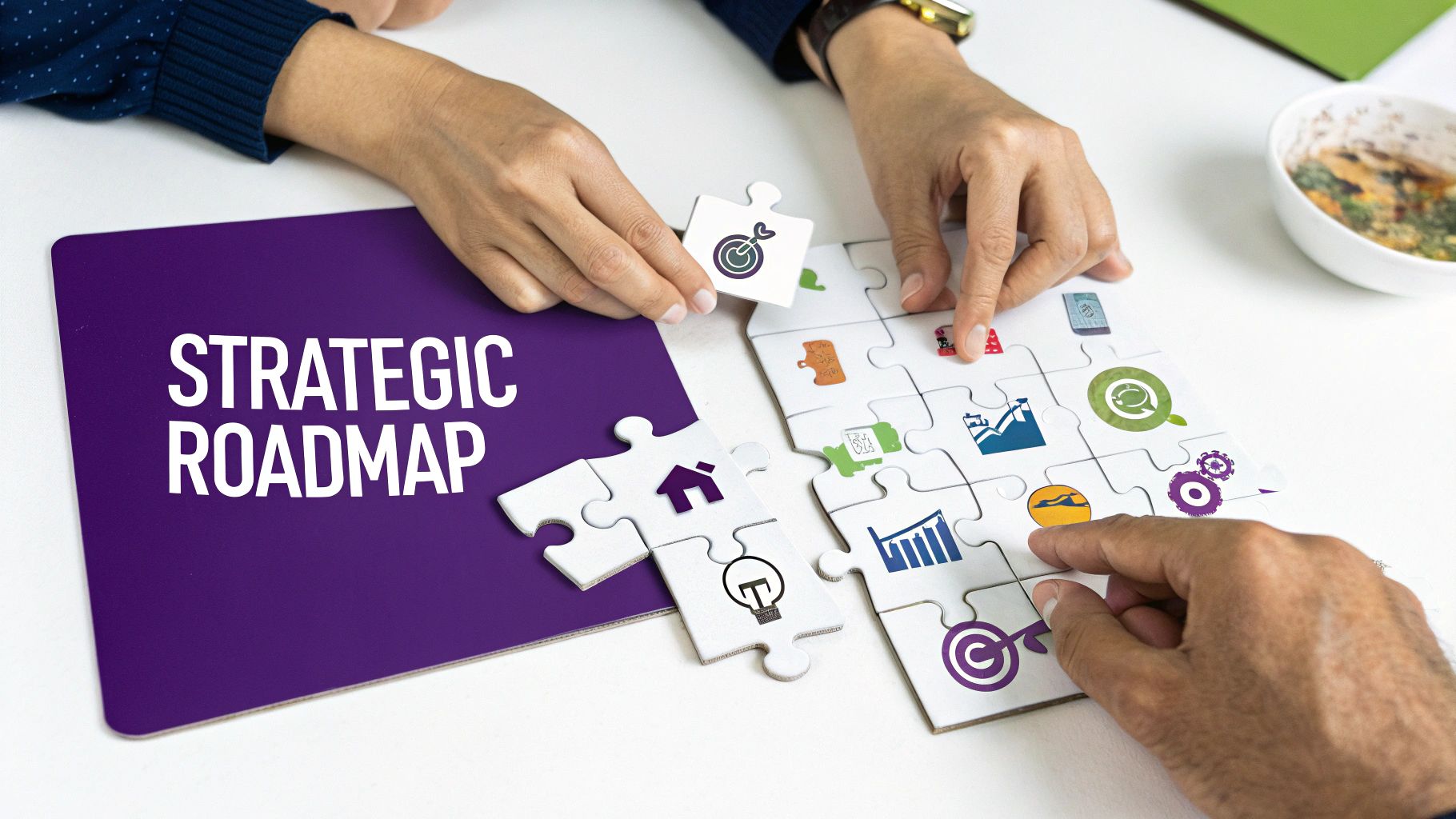 Two people collaboratively assembling a business strategy puzzle on a white table, including a 'STRATEGIC ROADMAP' piece.