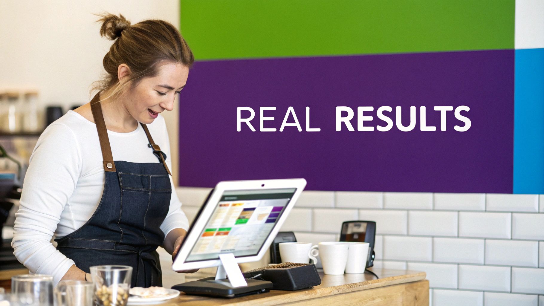 Smiling barista in an apron operating a modern POS tablet system in a cafe setting.