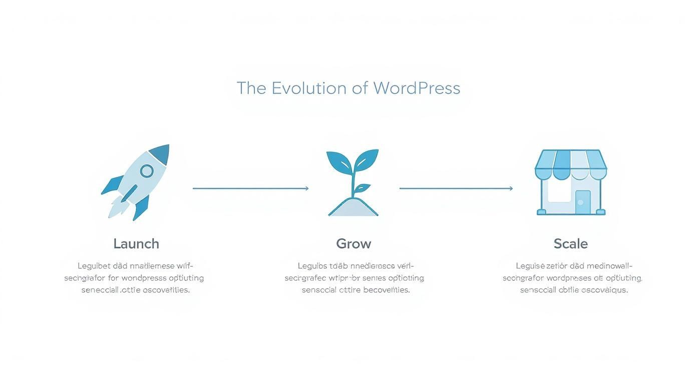 Infographic showing the evolution of WordPress with stages: Launch, Grow, and Scale.