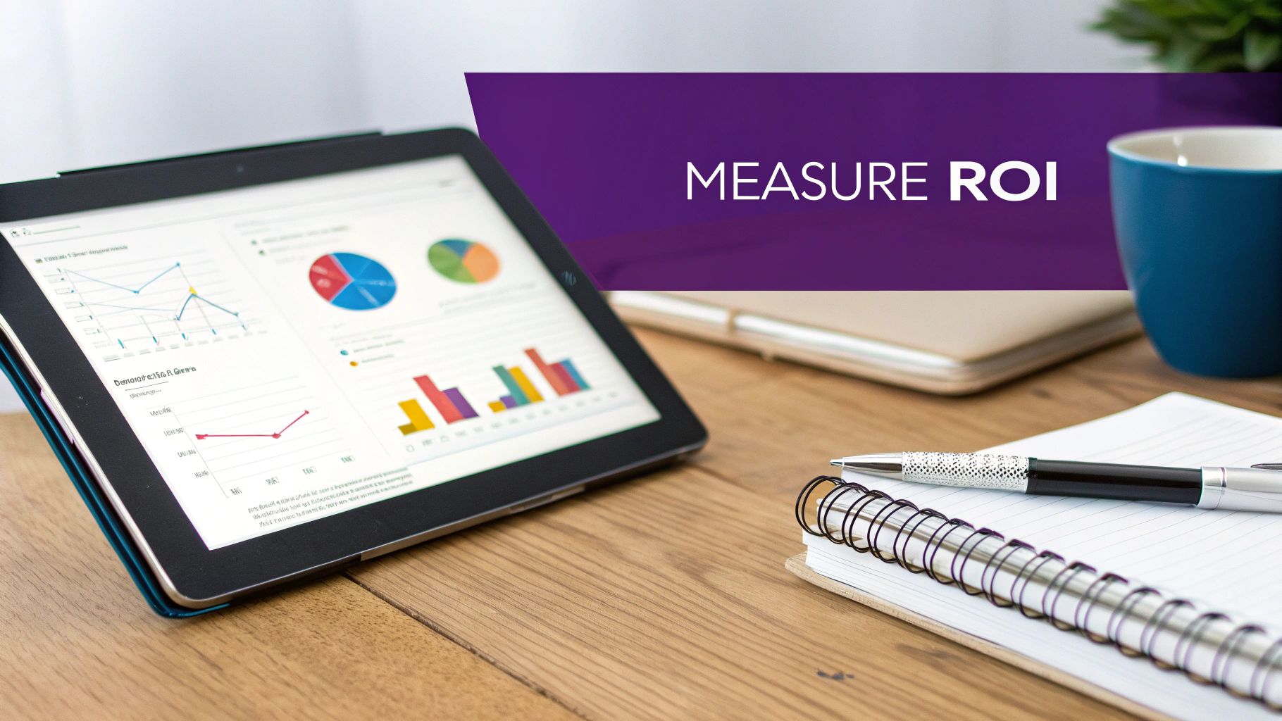 A tablet displays charts and graphs on a wooden desk, with a pen, notebook, and 'MEASURE ROI' text.
