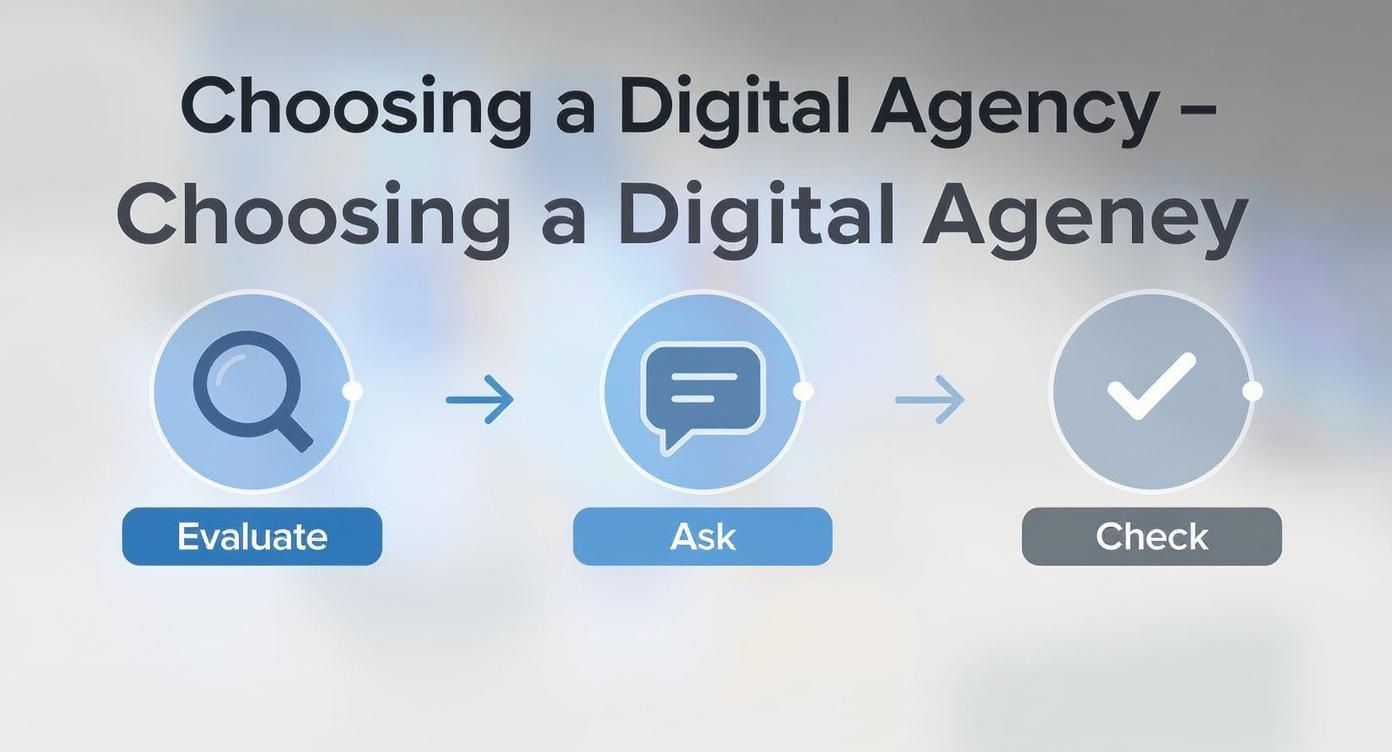 Flowchart illustrating three steps to choose a digital agency: Evaluate, Ask, Check.