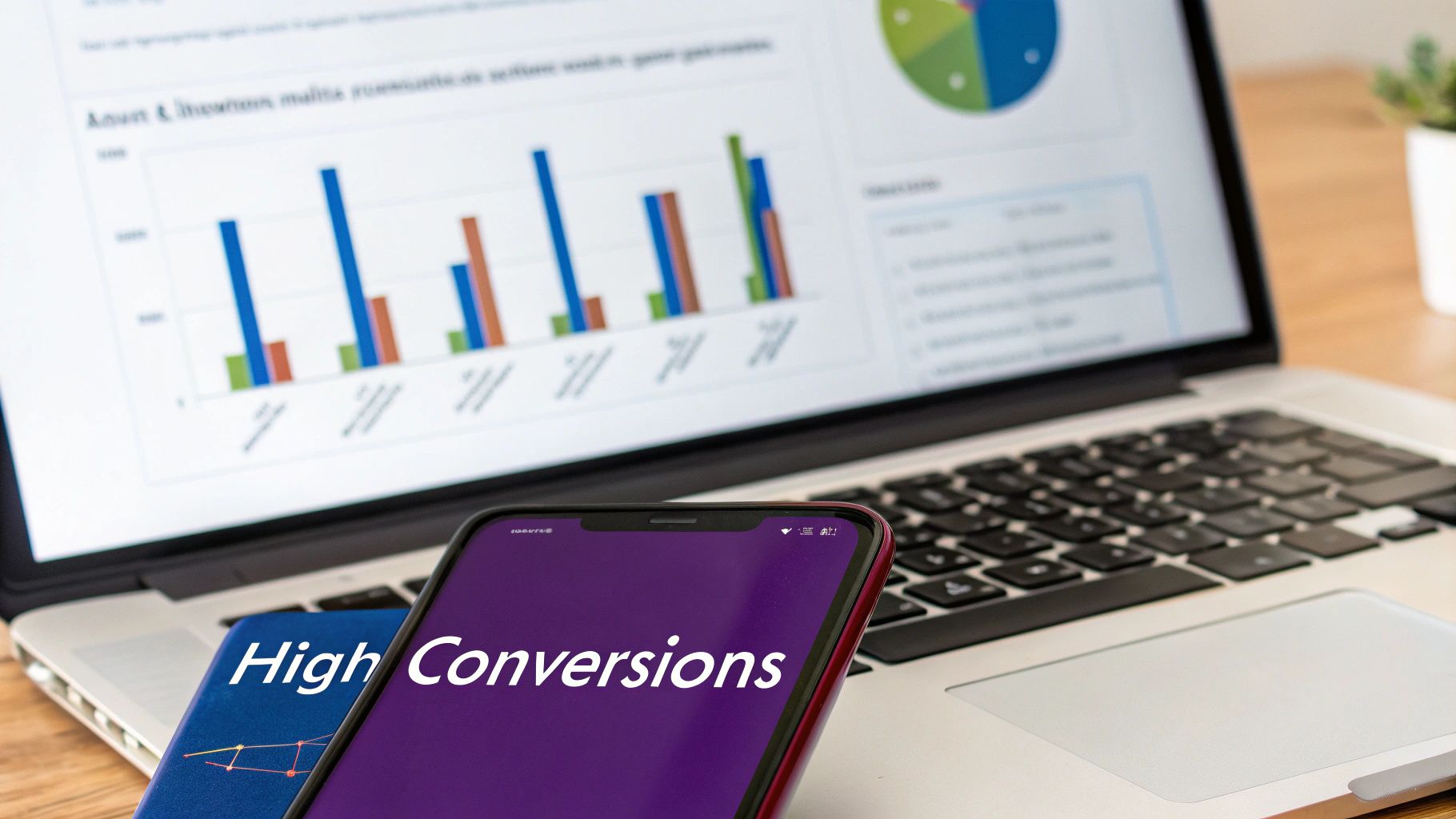 A laptop displays business performance charts while a smartphone shows 'High Conversions' on its screen.
