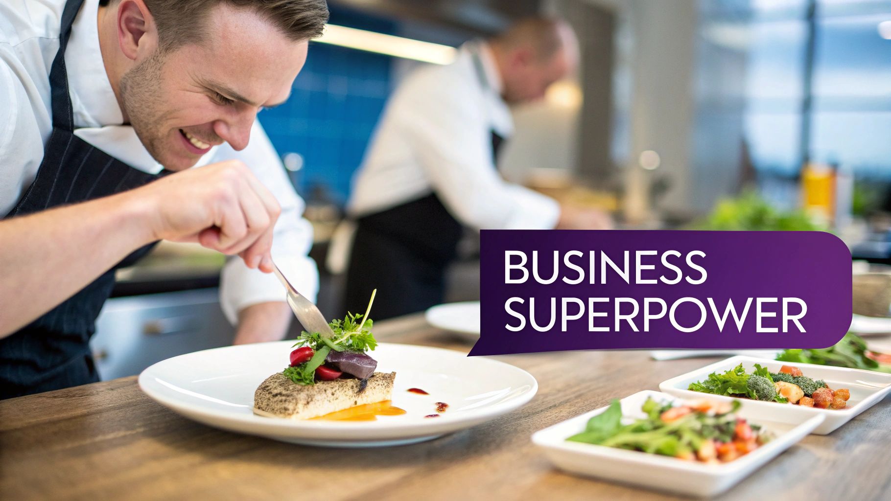 Smiling chef meticulously plates a gourmet dish, with a 'BUSINESS SUPERPOWER' text overlay, in a professional kitchen setting.