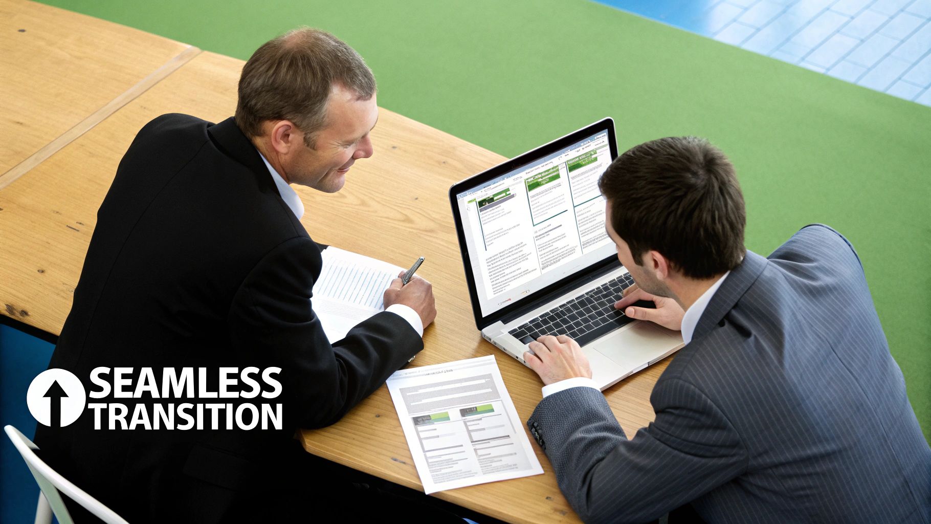 Two professionals collaborate on a laptop and paper documents during a business meeting.