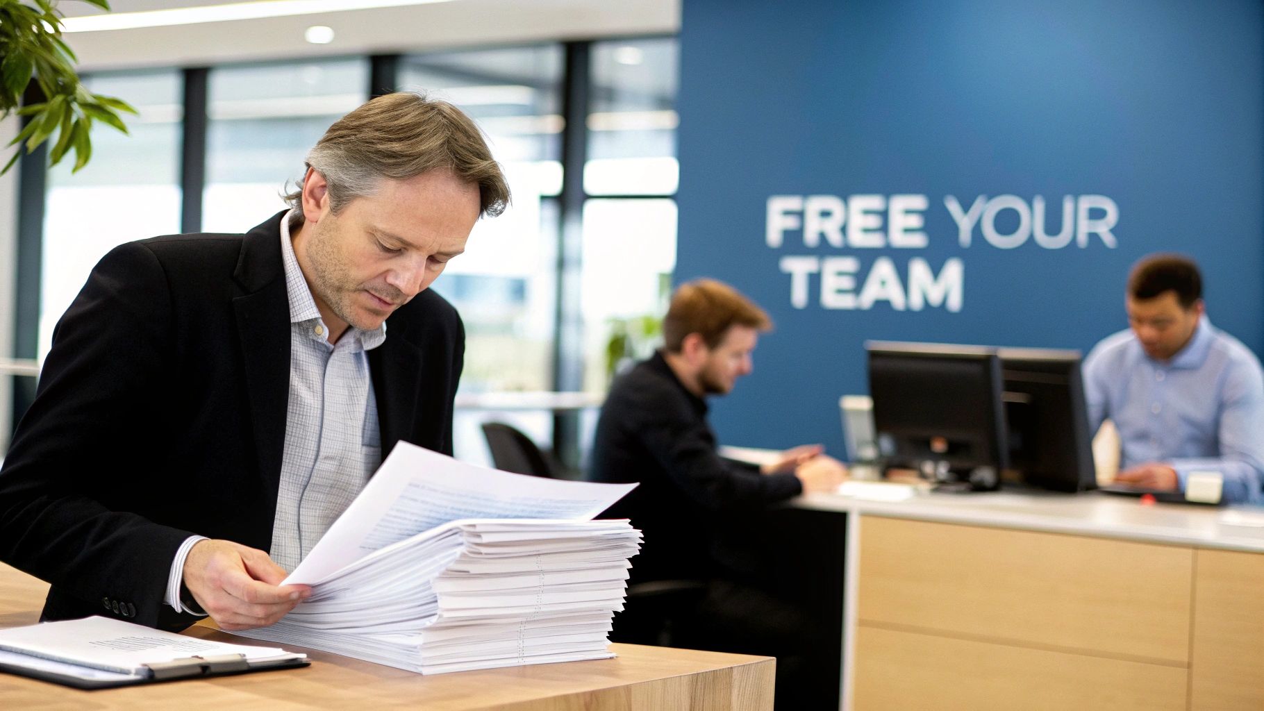 A man in a blazer reviews a large stack of documents on a wooden desk in a modern office.