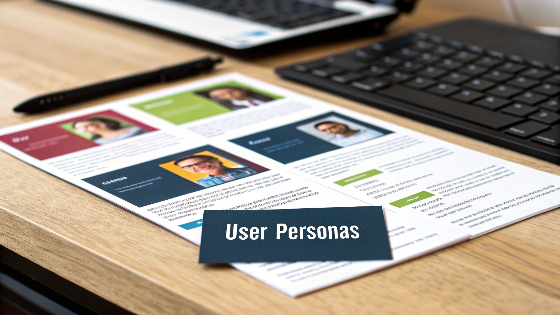 Image illustrating the process of creating a user persona, showing demographics, goals, frustrations, and a user quote.