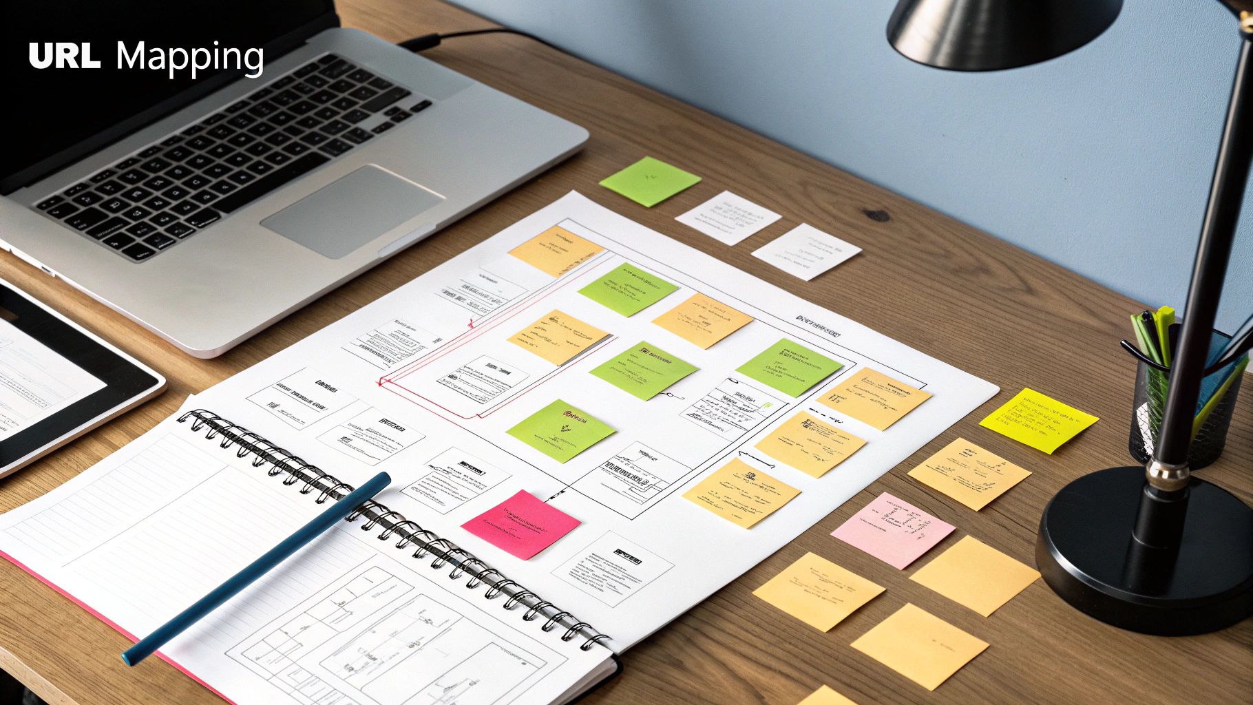 A diagram showing the process of URL mapping from an old website to a new one, with arrows indicating the 301 redirect flow.