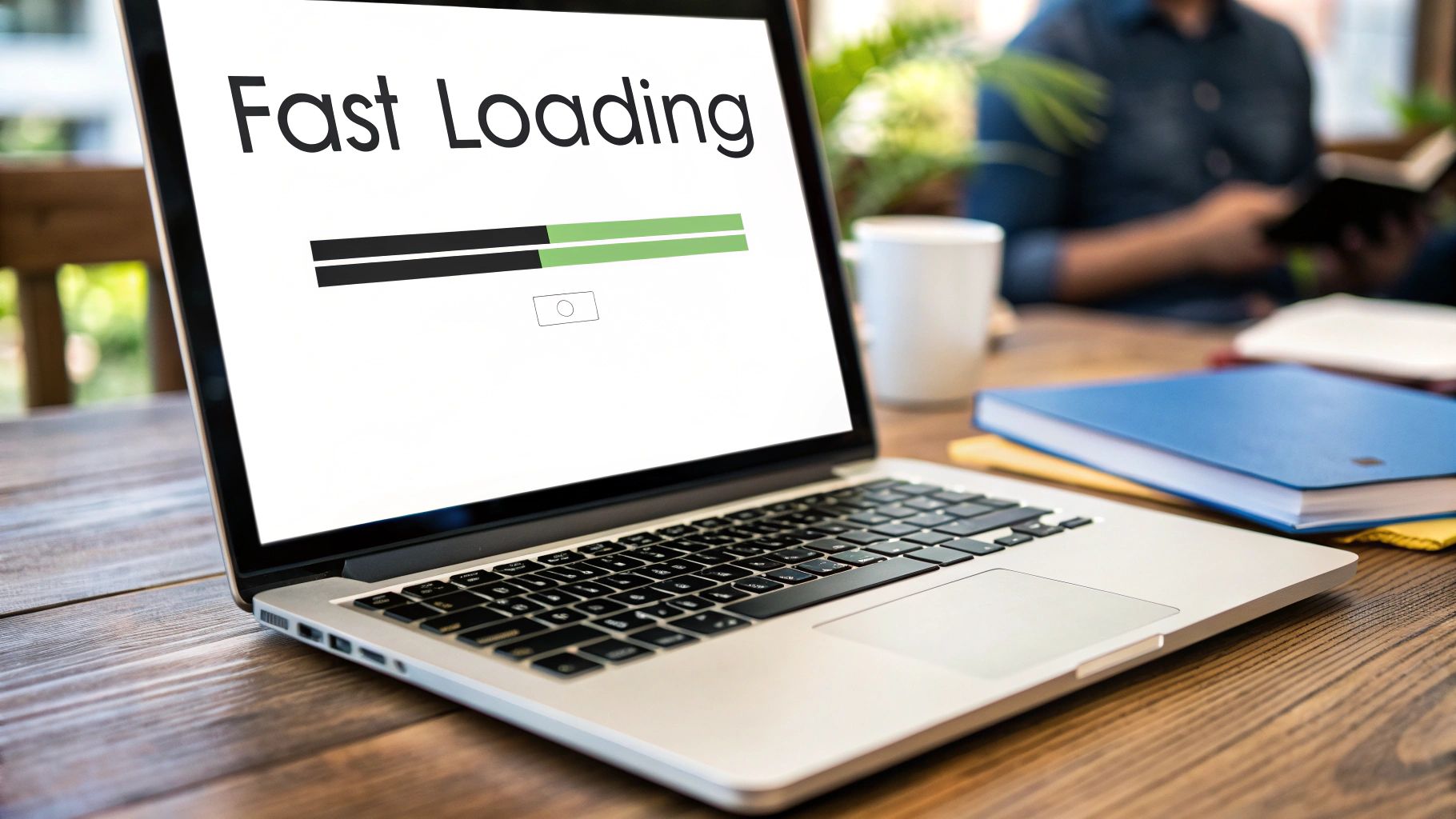 An abstract illustration showing a speedometer with the needle in the green 'fast' zone, symbolising optimal website performance and fast loading speeds.