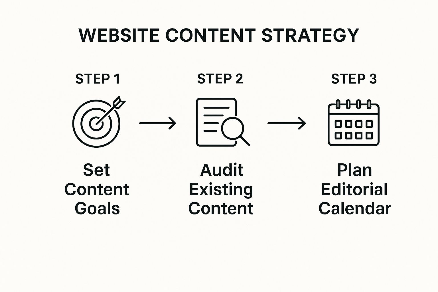 Infographic showing the flow from content goals to an editorial calendar, highlighting the core components of a website content strategy.