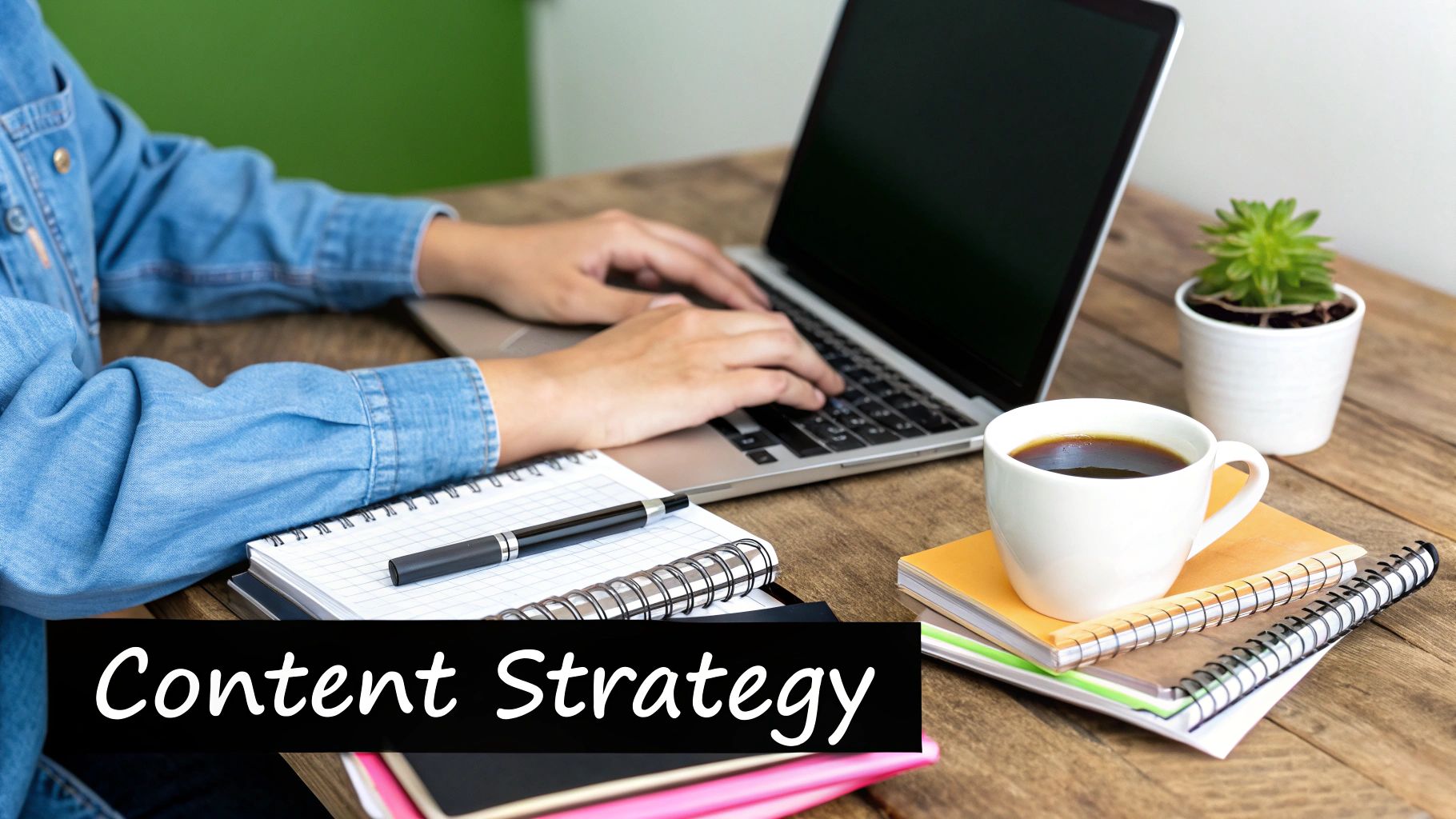 A person typing on a laptop with creative ideas and lightbulbs floating around, symbolising content creation.