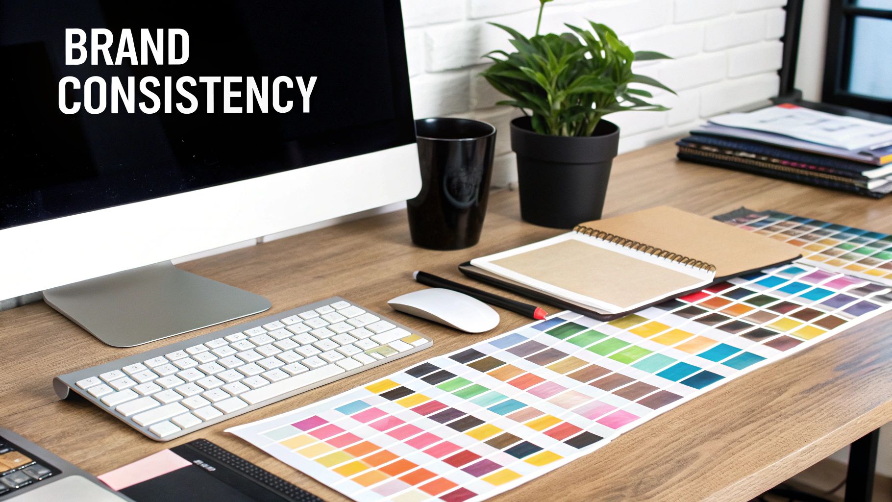 An image showing a design system with colour palettes, typography scales, and UI components laid out in an organised grid.