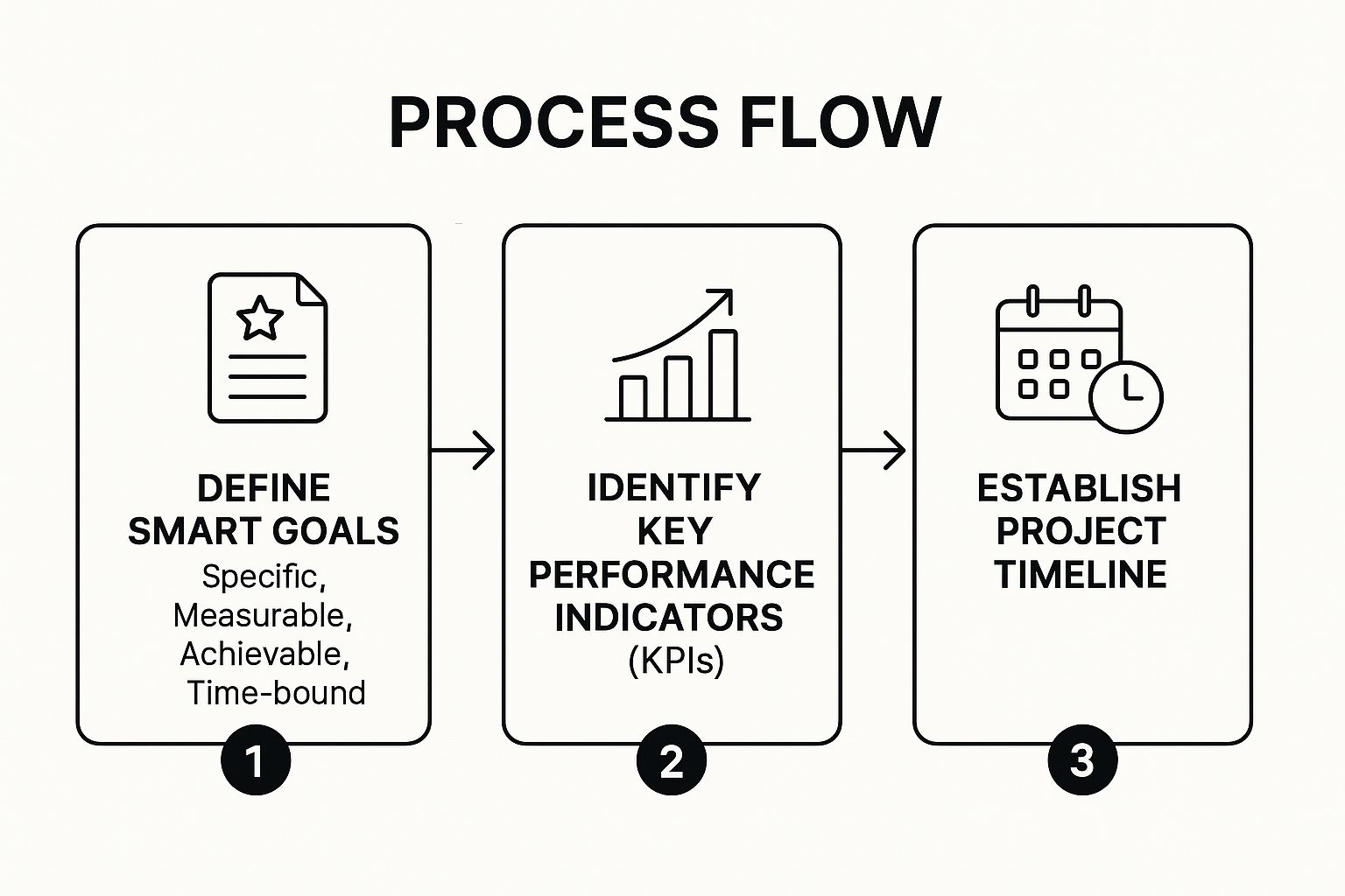 Infographic showing the process of defining SMART goals, identifying KPIs, and establishing a project timeline.