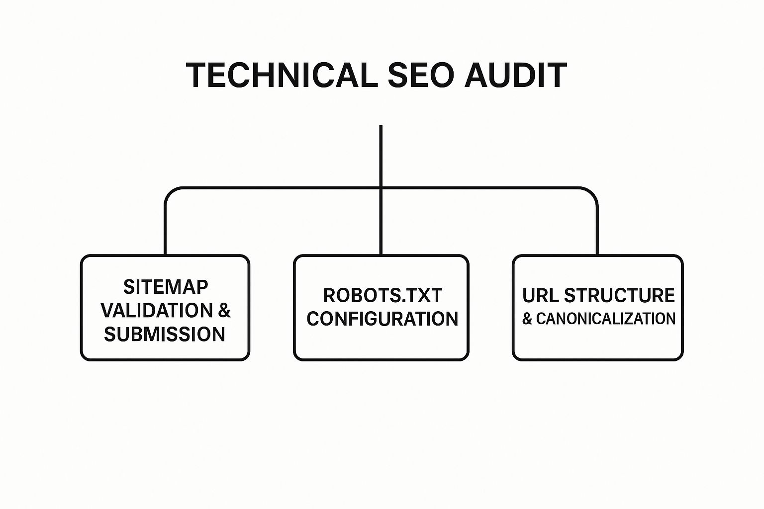 An infographic hierarchy diagram titled 'Technical SEO Audit' showing three core elements: Sitemap Validation & Submission, Robots.txt Configuration, and URL Structure & Canonicalization.