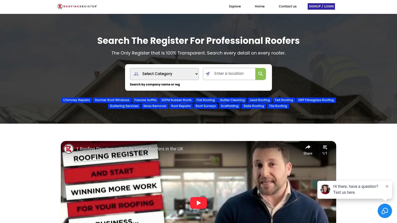 Roofing Register platform interface showing a search for local roofers