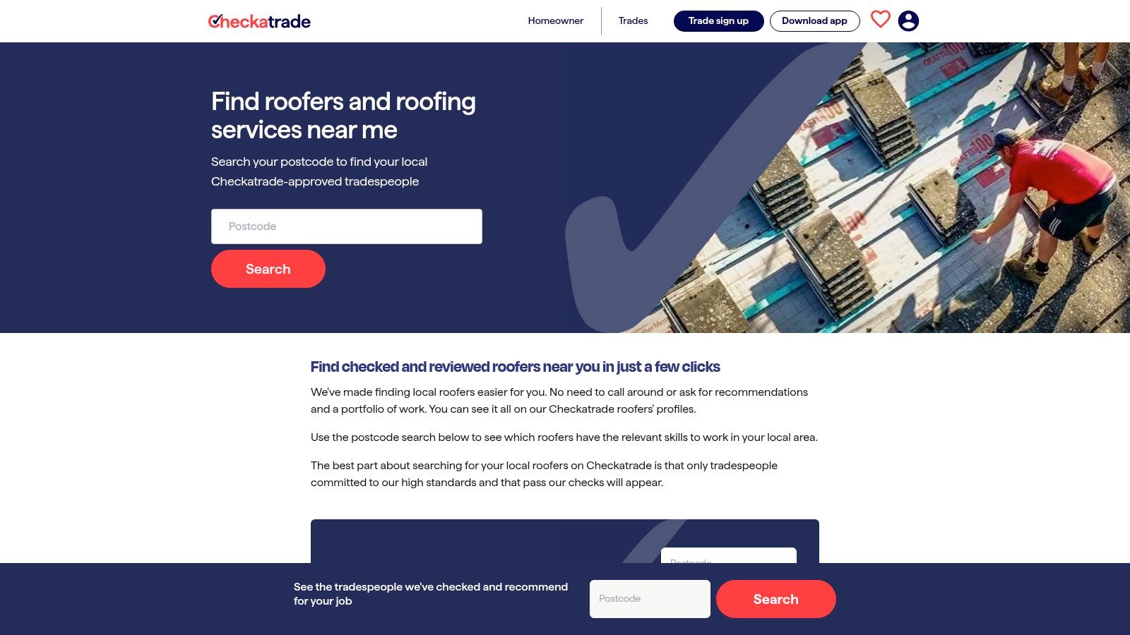 Checkatrade platform interface showing a search for roofers