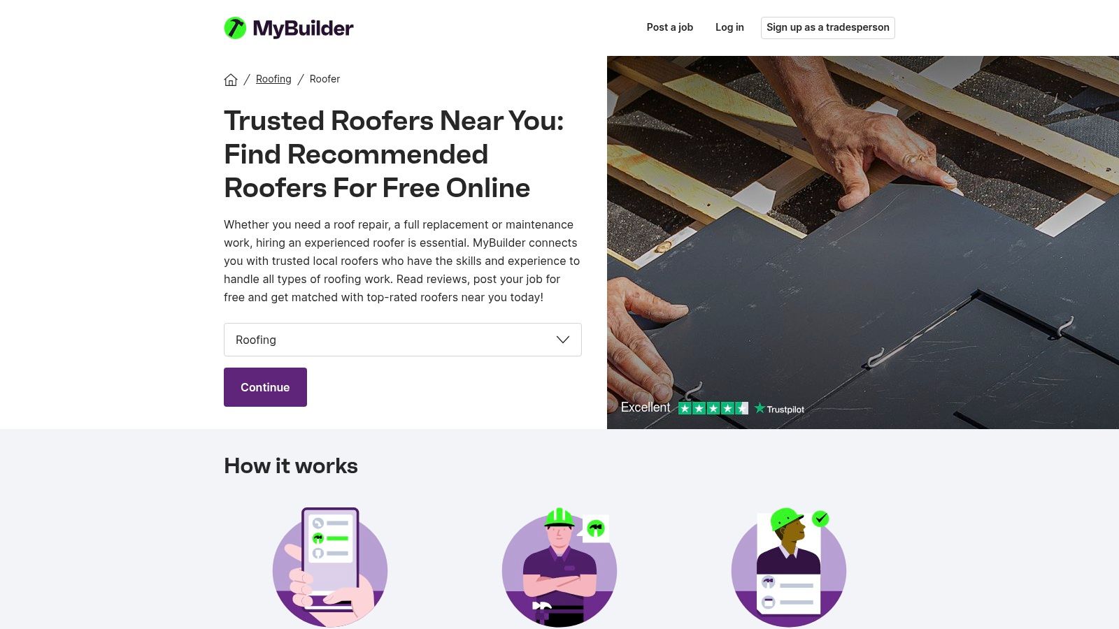 MyBuilder platform showing how to post a job for a roofer