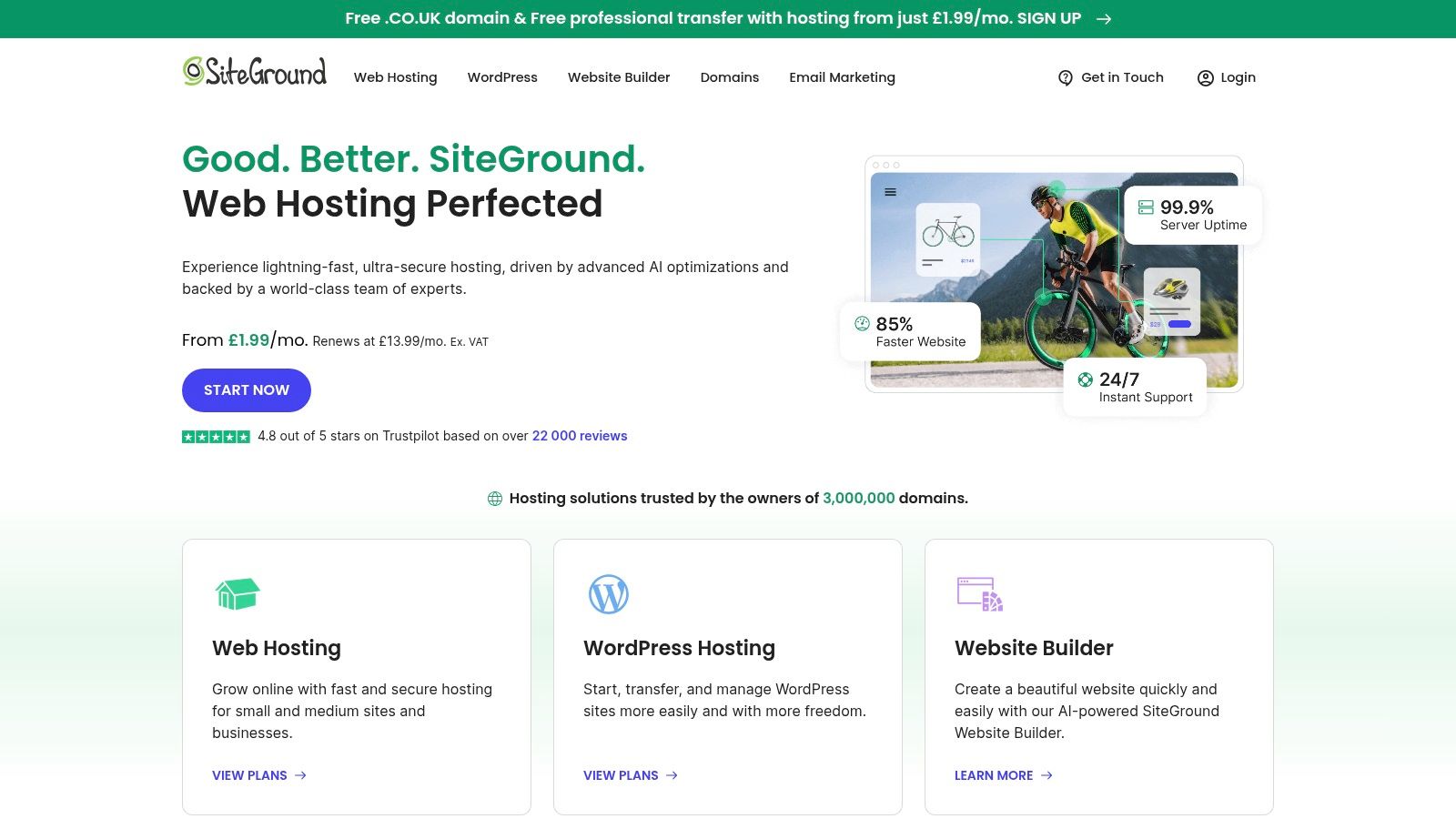 SiteGround's dashboard for managing website hosting and tools