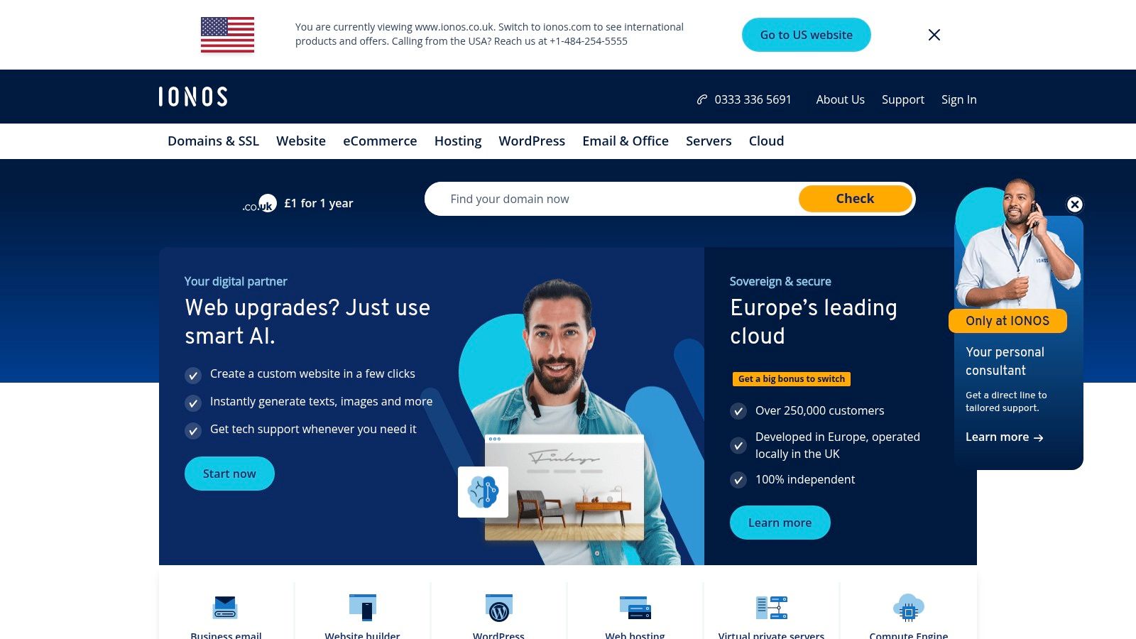 1&1 IONOS dashboard for managing web projects and hosting