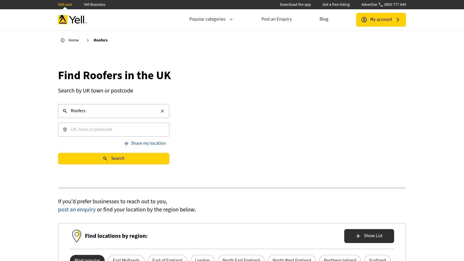 Yell platform interface showing a search for roofers