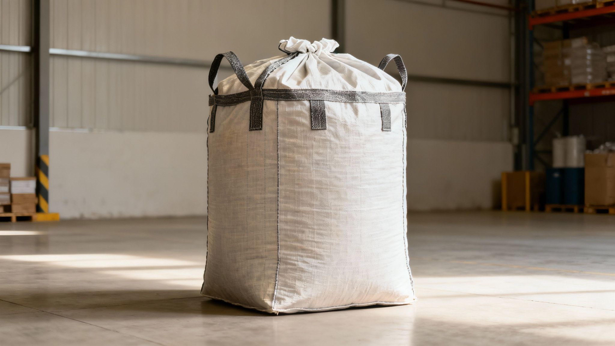 A Guide to Flexible Intermediate Bulk Containers An industrial worker operating a forklift to move a large, white flexible intermediate bulk container in a warehouse setting.
