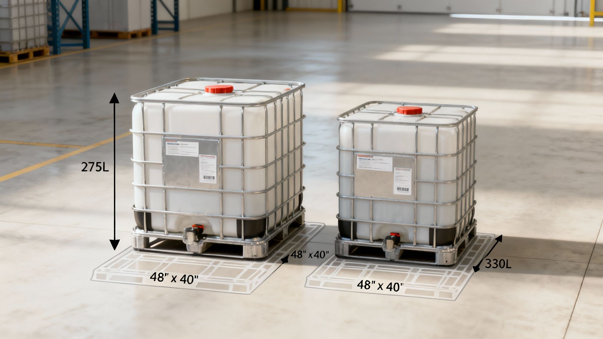 Two IBC totes standing next to each other, highlighting their standard footprint but different heights.