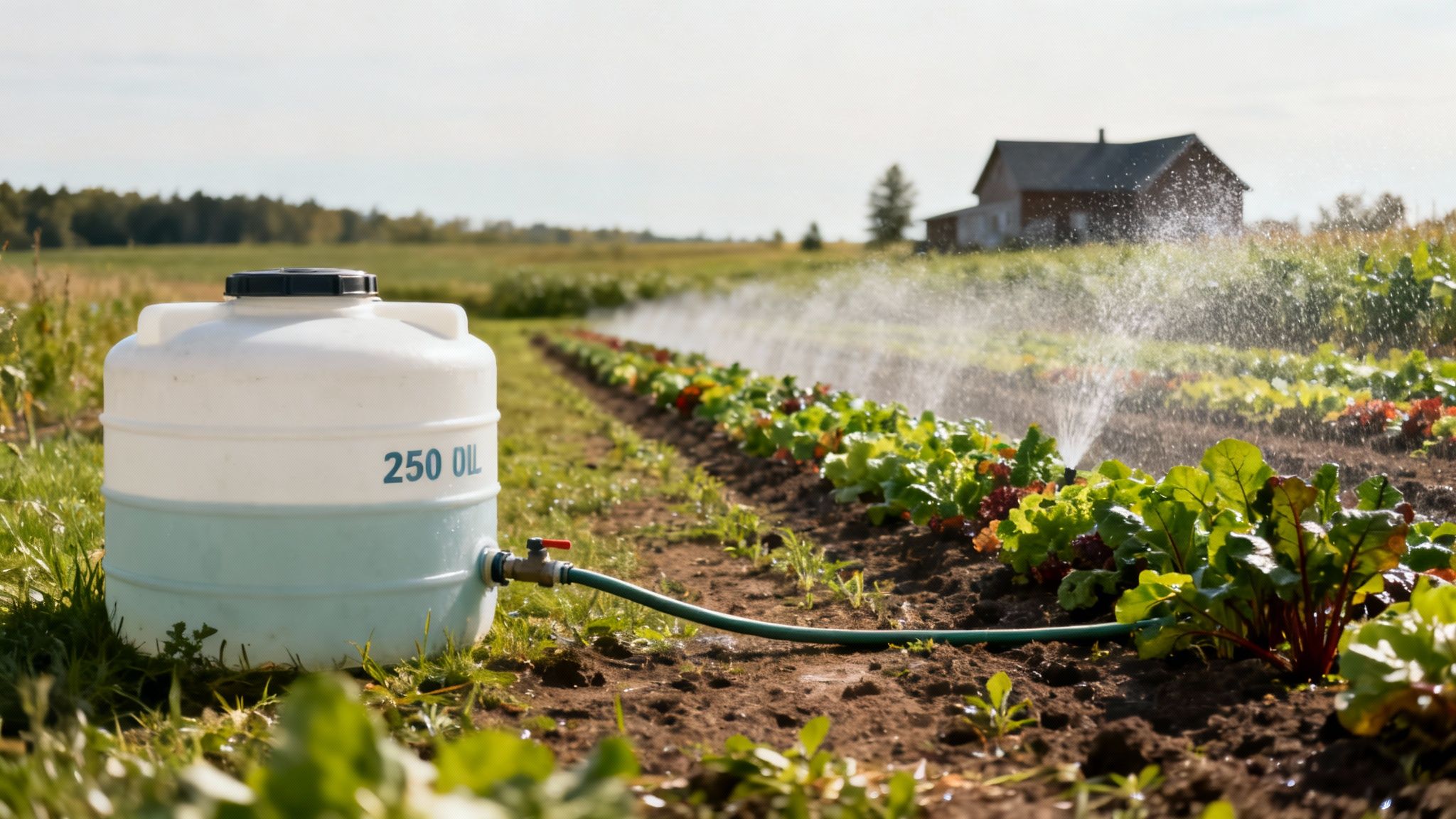 A 250 gallon water tank being used for agricultural irrigation in a field.
