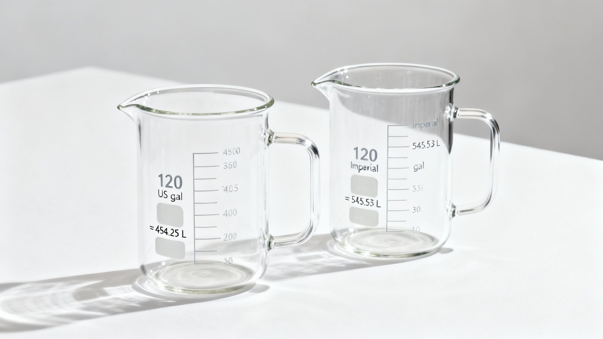 A person pouring water from a large blue jug into a clear measuring container.