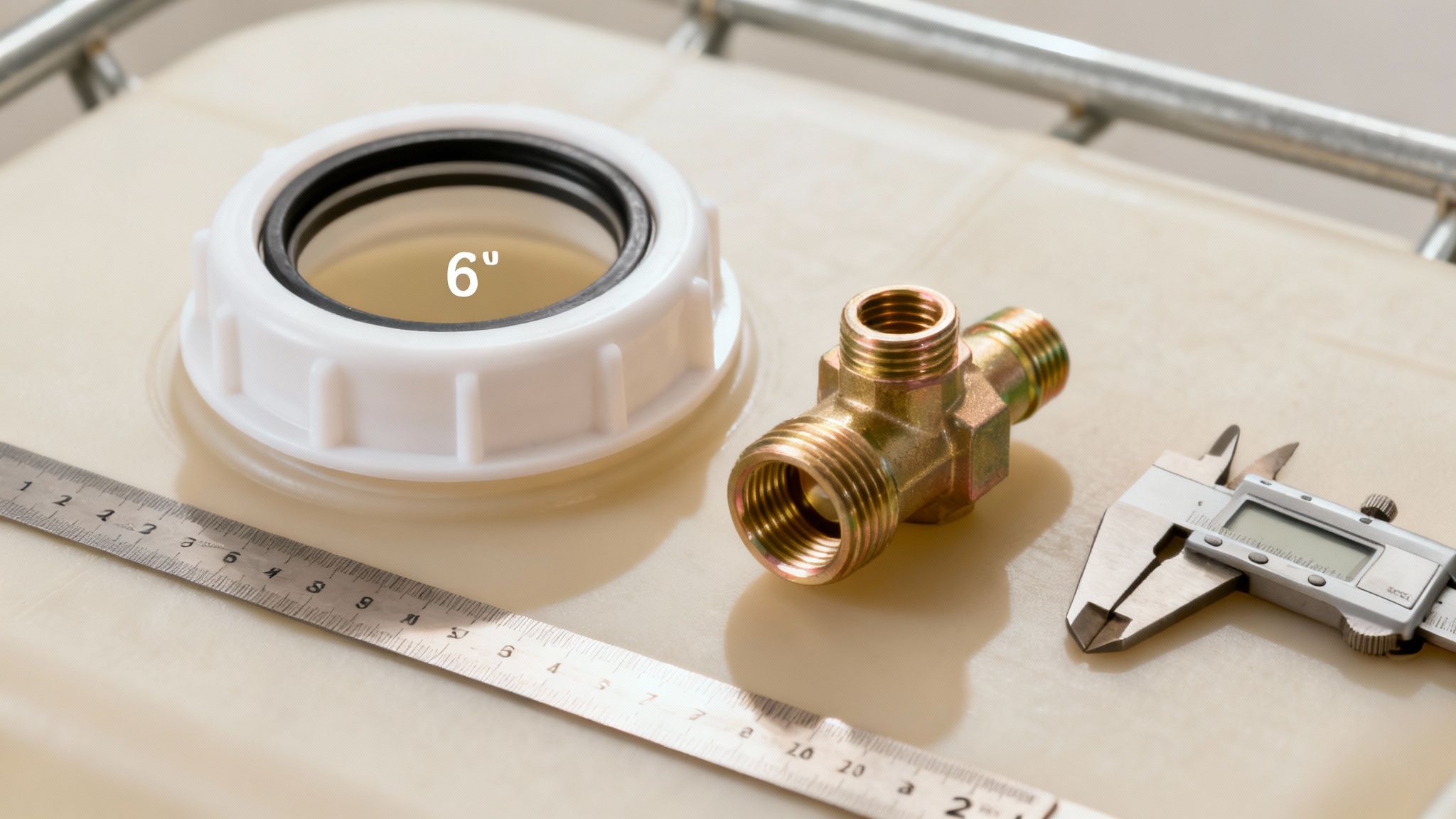 Close-up shot of an IBC tote's valve and fill port, with measurement callouts indicating standard sizes.