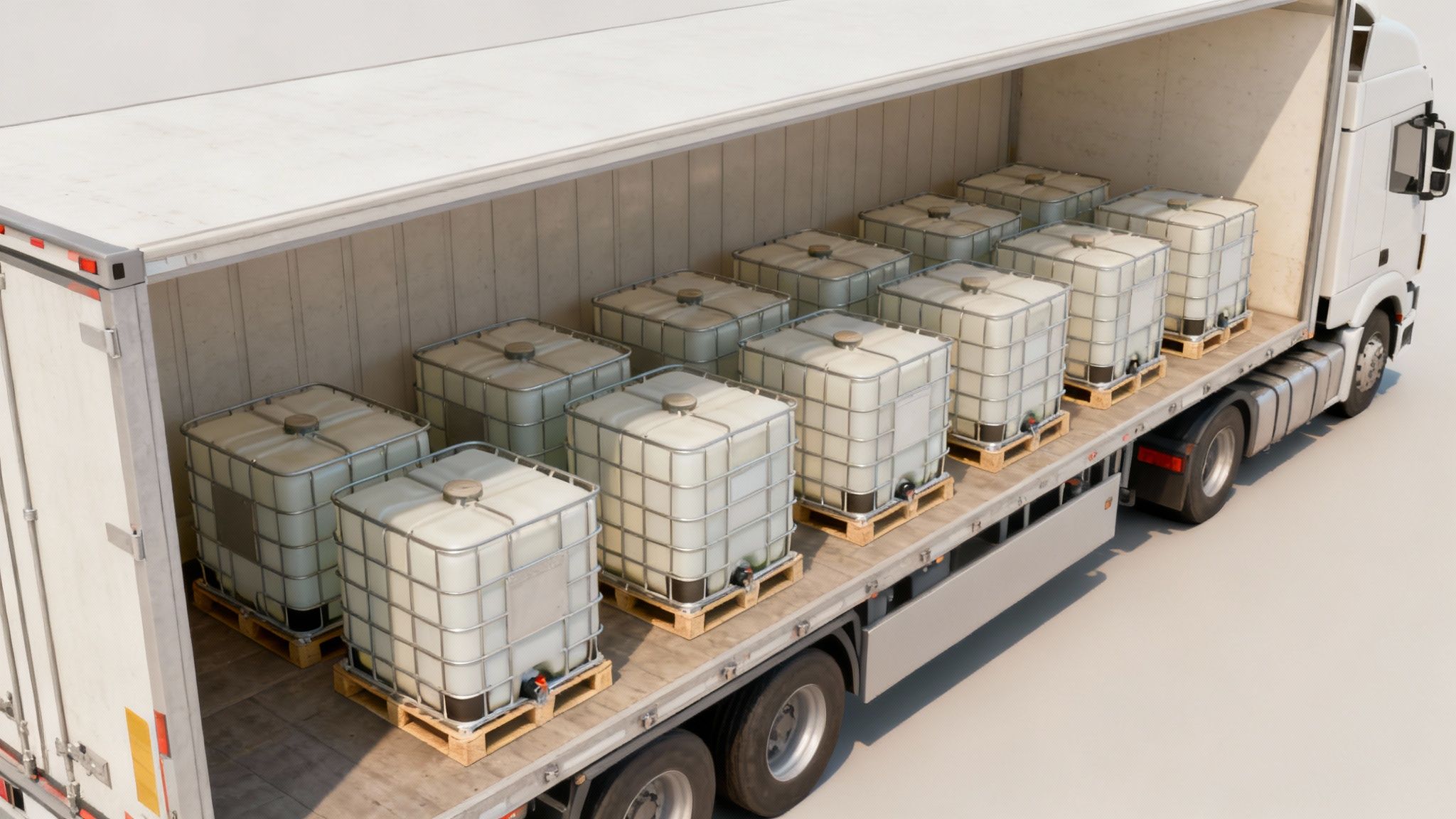 A warehouse with IBC totes stacked efficiently, demonstrating space optimization for shipping and storage.